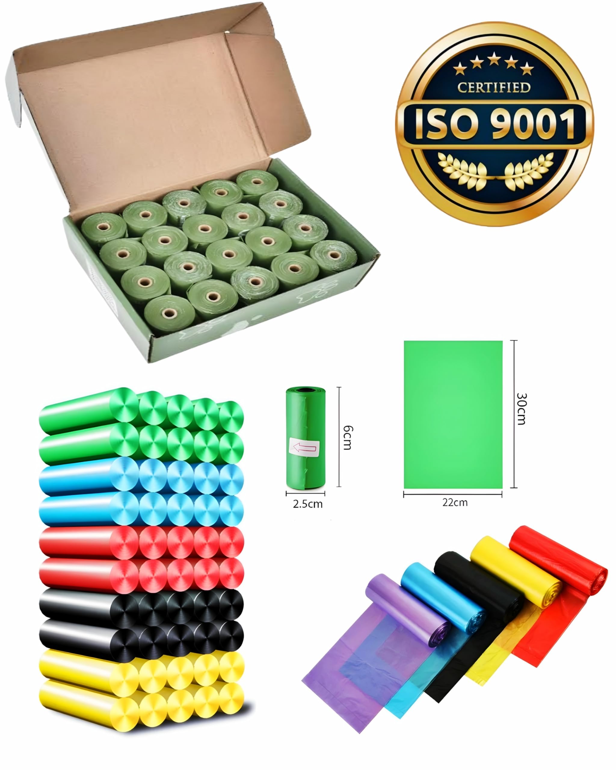Kyrotech 20 Rulo (300 Adet) Renkli Köpek ve Kedi Kaka Poşeti | Dayanıklı Atık ve Çöp Torbası, Taşınabilir Poop Bag Set