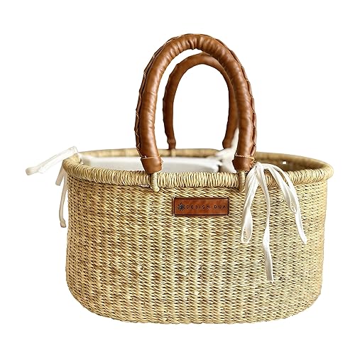 Design Dua Baby Diaper Caddy Organizer in Natural Grass w Removable Divider. Pure Leather Handles. Luxury Diaper Caddy Baby Basket Boho Diaper Caddy