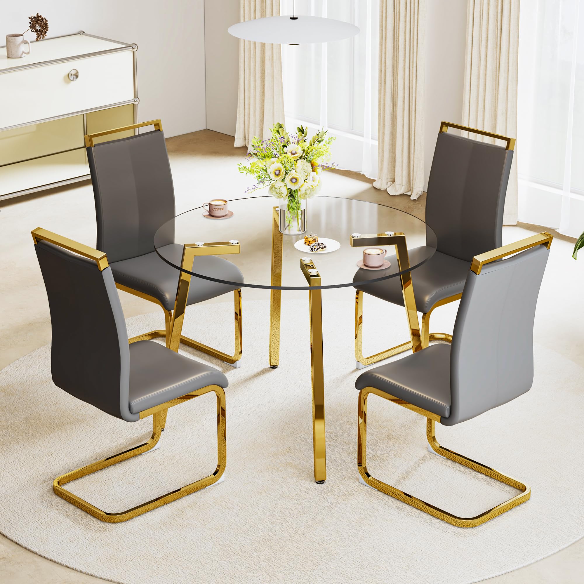 gopop 5-Piece Dining Table Set for 4, Round Glass Dining Table Set for 4, Tempered Glass Table Top&4 Chairs with Faux Leather Padded Seat High Back