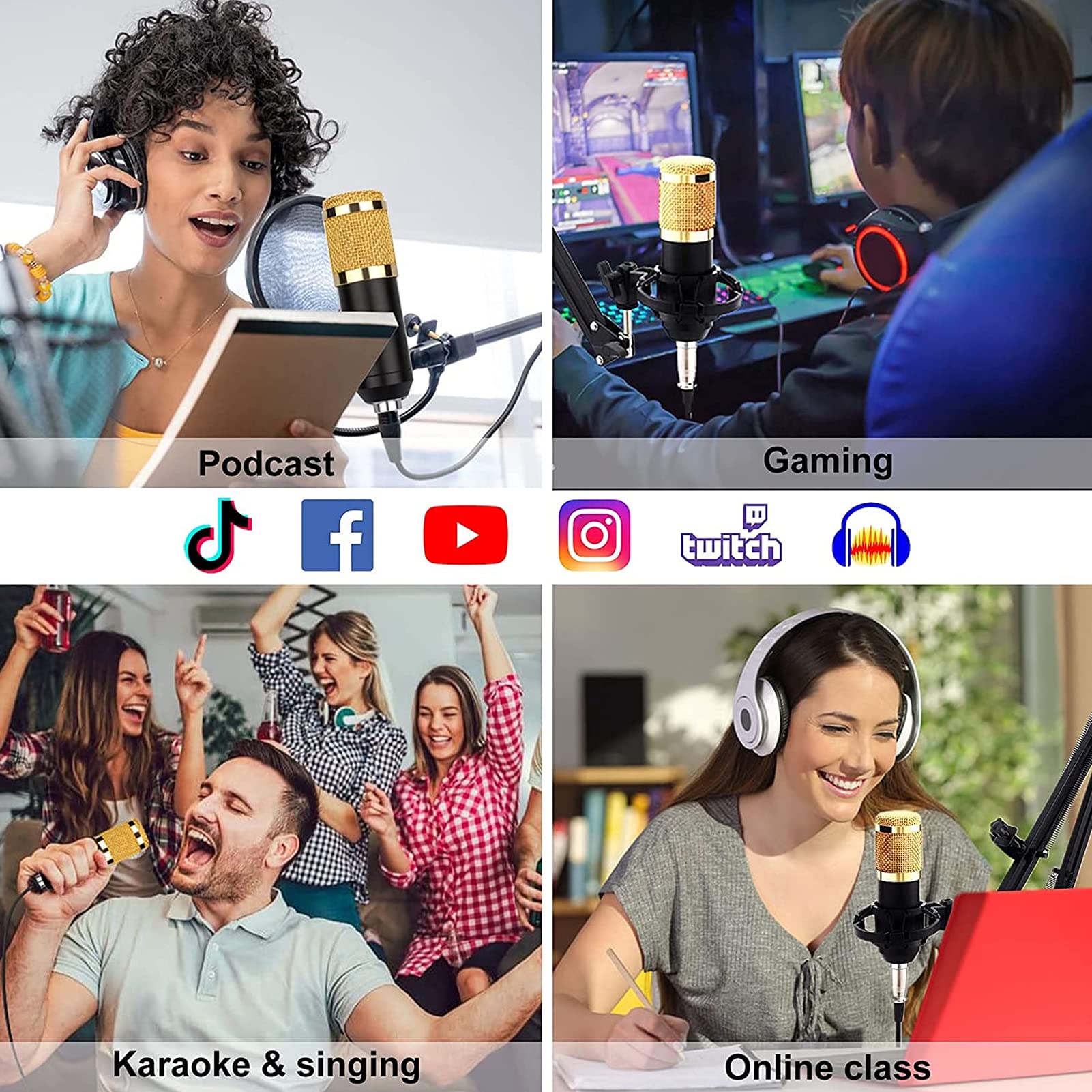 Carte Son multifonctionnelle en Direct, Ensemble de Microphones pour Carte Son, Ensemble de Microphones en métal de Diffusion, Support réglable, 12 Effets sonores de Fond