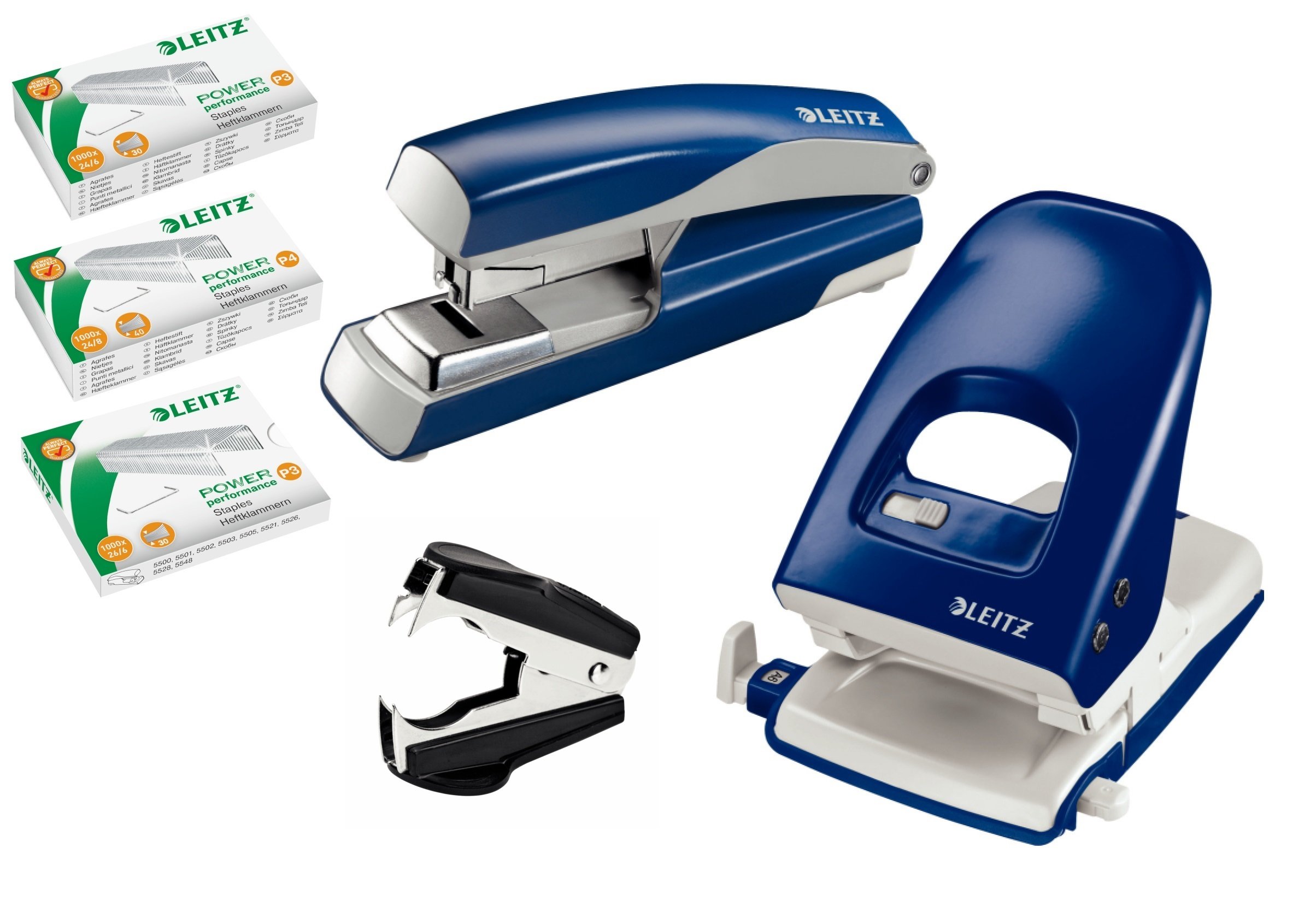Leitz Profi Büroset 5138 Bürolocher Stark NeXXt, 40 Blatt und Leitz 5523 Flachheftgerät Stark NeXXt, 40 Blatt mit je 1.000 Heftklammern 24/6 24/8 und 26/6 (Profi Set blau)