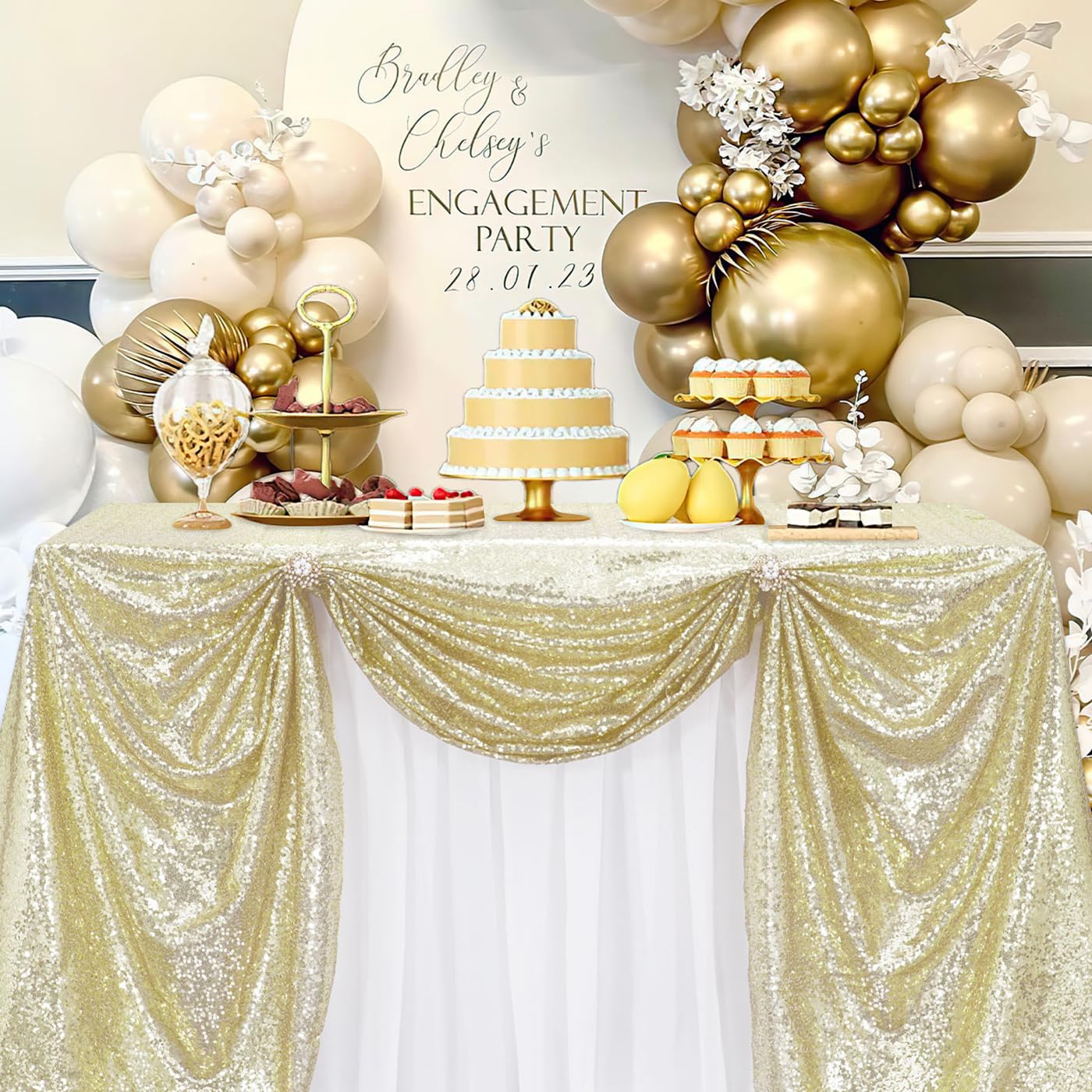 50x50 Inches Light Gold Sequin Tablecloth Glitter Sequin Fabric Centerpiece