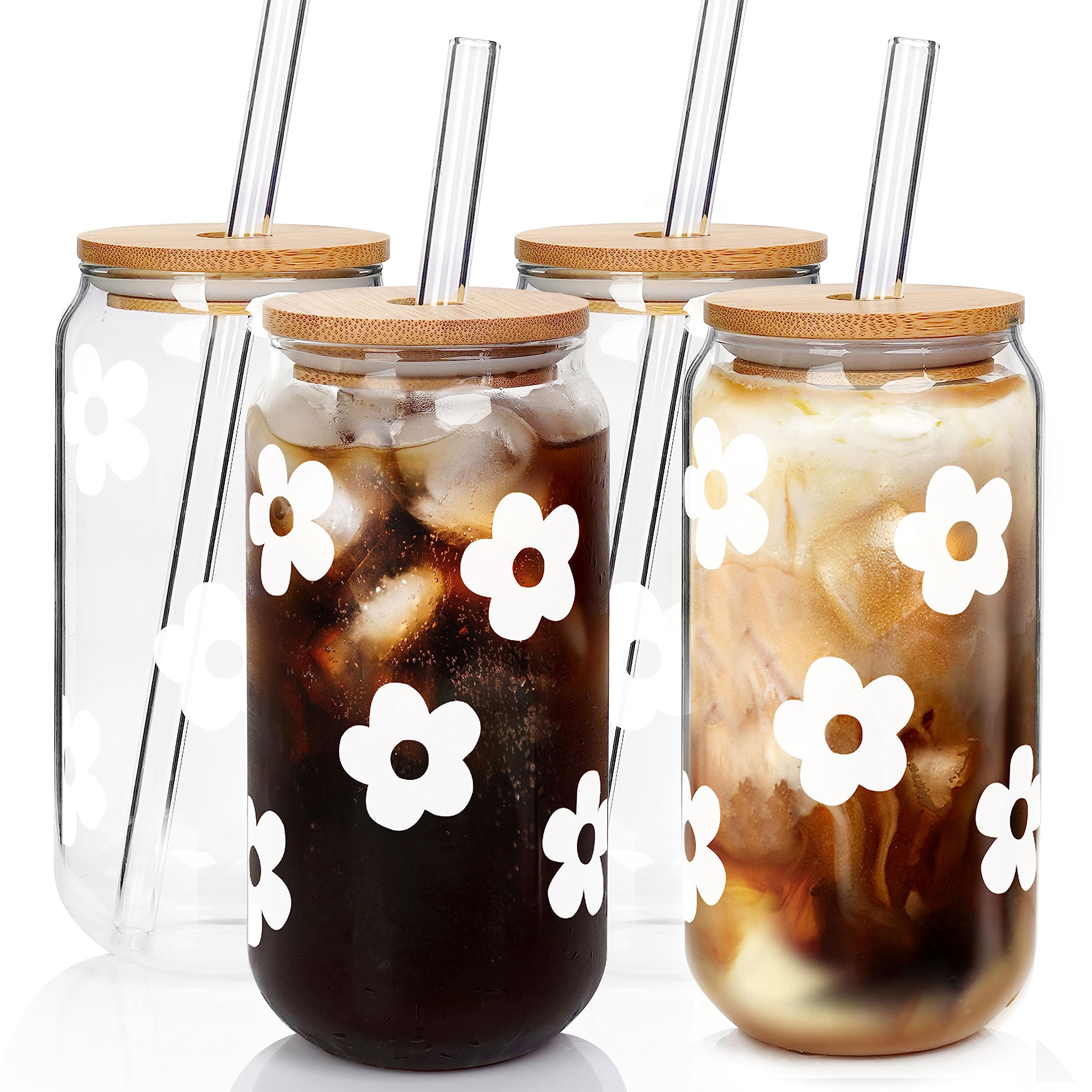 Mason Life Glass Cups with Lids and Straws, 20OZ Glass Cups, Drinking Glasses, Iced Coffee Glasses Cup, Smoothie Cups, Tumbler Glass, Reusable Iced Coffee Cup Drinking Glasses -Set of 4