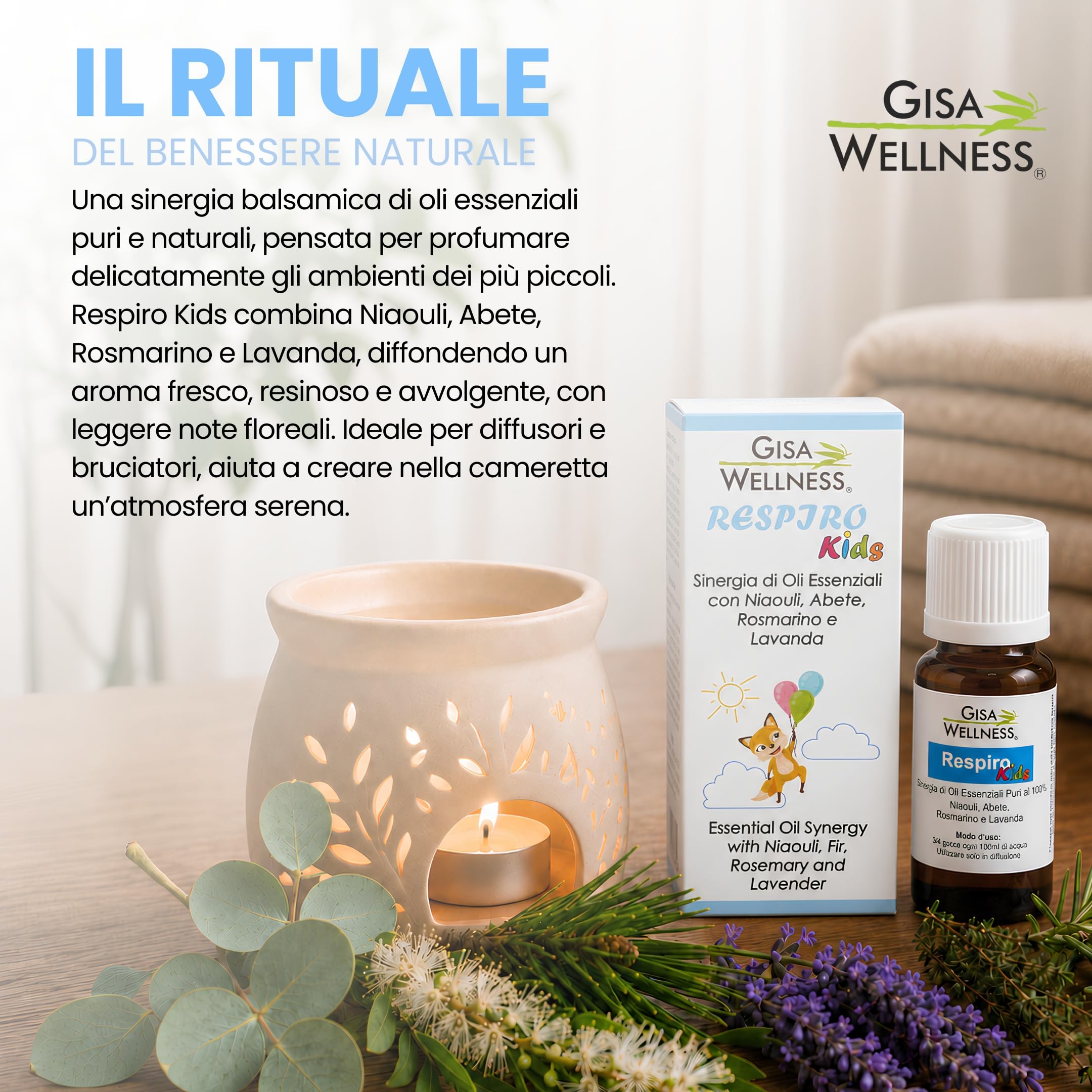 Respiro Kids 15ml, Sinergia di Oli Essenziali Balsamici per Bambini con Niaouli, Abete, Rosmarino e Lavanda, Oli Essenziali Puri per Diffusori, Aromaterapia Compatibile con Polipini Gisa Wellness