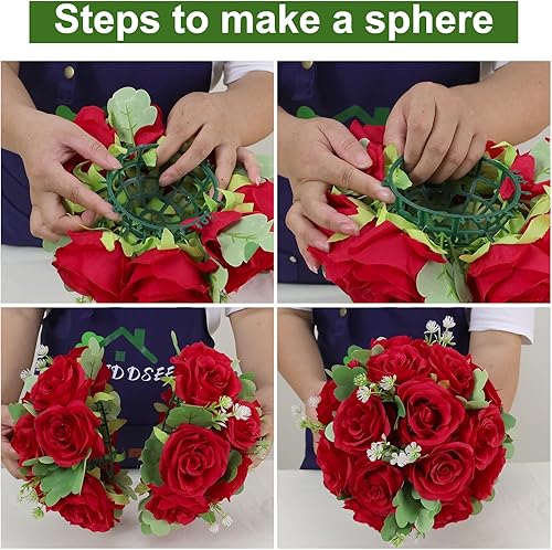 Miniatura 6 de Bola de flores artificiales para centros de mesa de boda, paquete de 10 unidades, media bola floral de seda de rosa roja, base de plástico para mesa