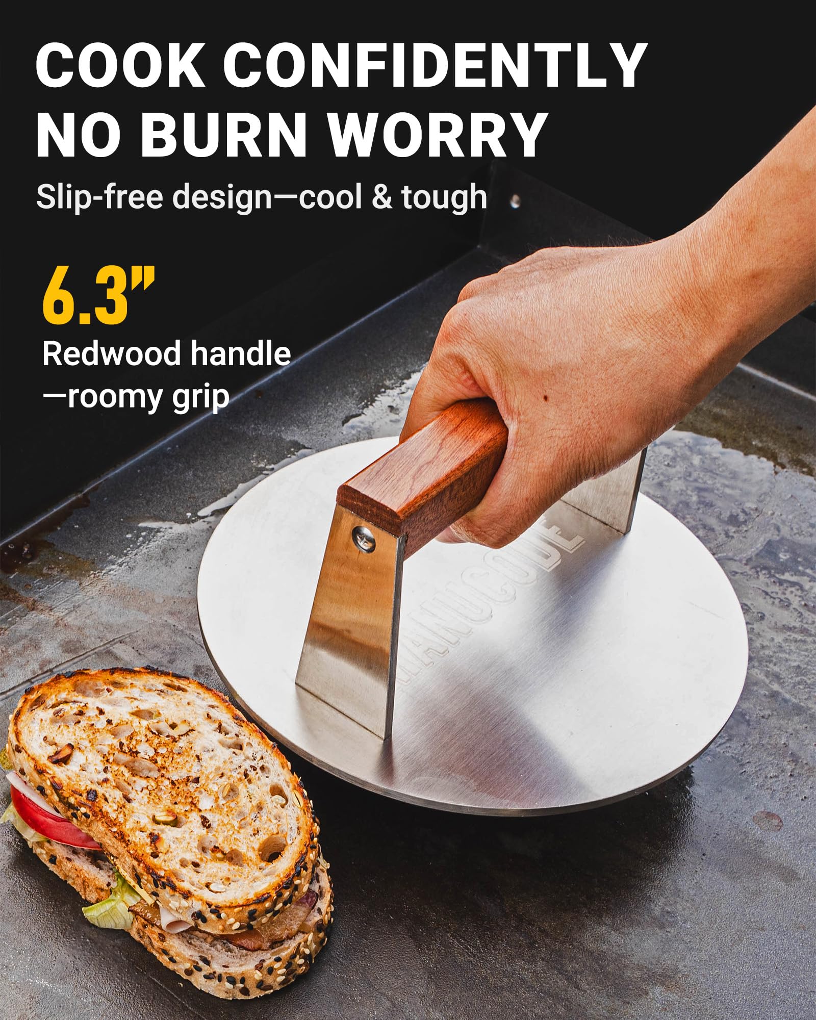 PRO-Grade Pressa per Grill in Acciaio Inossidabile da 20,5cm - Pressa per Hamburger da 1,42kg con Manico in Legno Non Rotante - Perfetto per Gli Appassionati di Grigliate