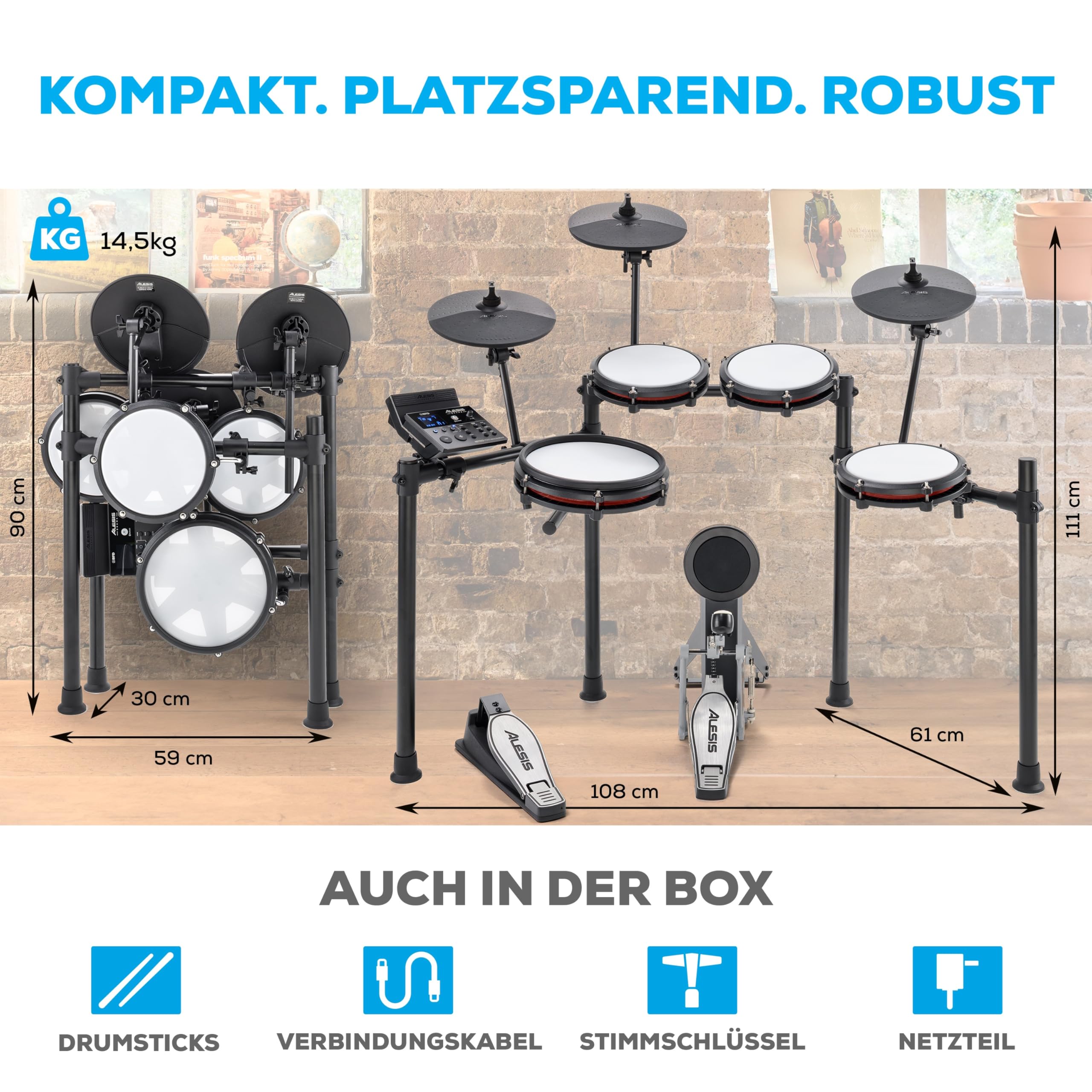 Alesis Nitro Max Kit – Kompaktes E-Drum Set mit leisen Mesh-Pads, 10" Dual-Zone Snare, Bluetooth, 440+ BFD-Sounds, Drumeo, USB MIDI, Fußmaschine