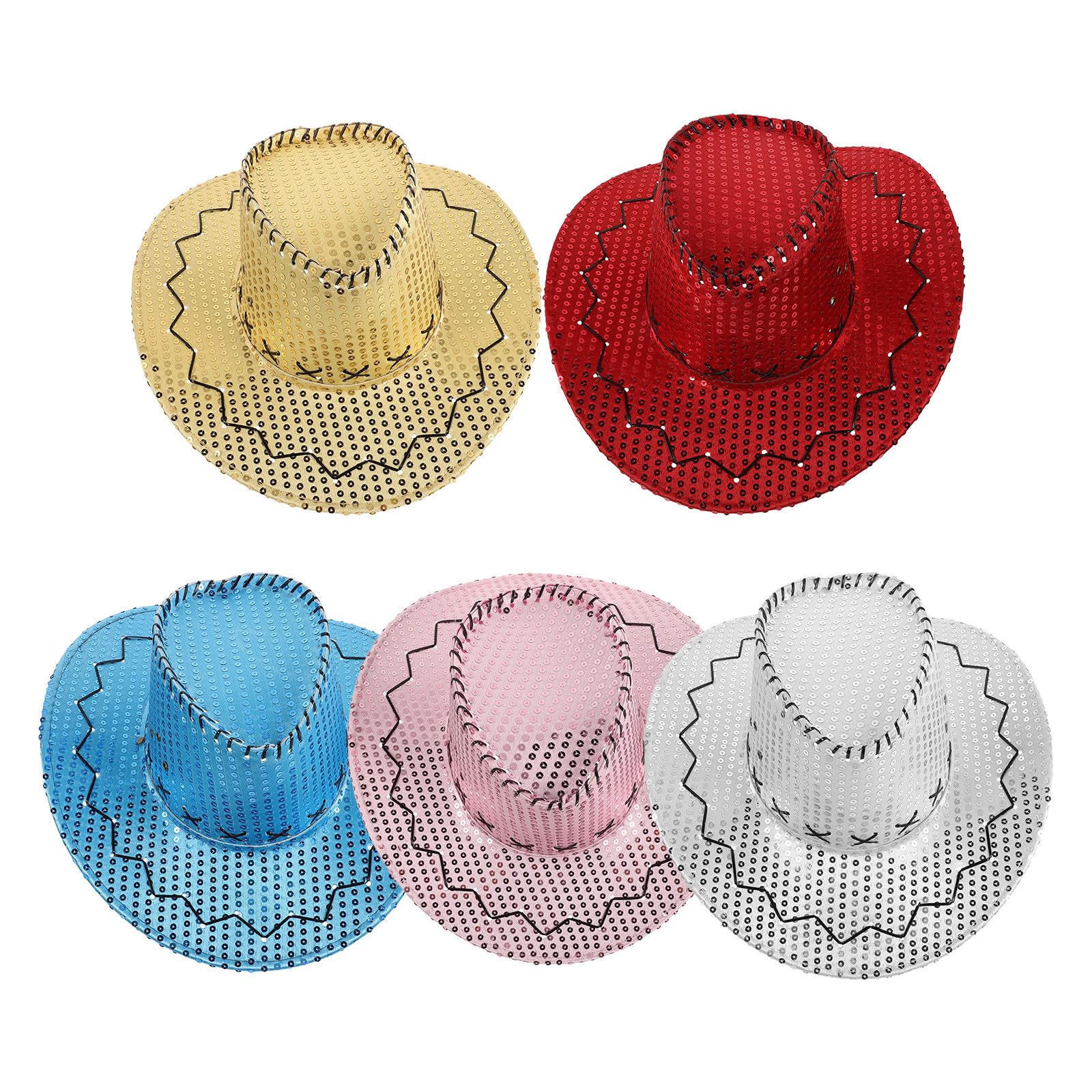 Sombrero Cowboy con Brillo para Mujer con ala Ancha de Lentejuelas, Tejido Cómodo y Diseño Clásico para Eventos al Aire Libre y Fiestas de Boda, Pack de 5 Piezas