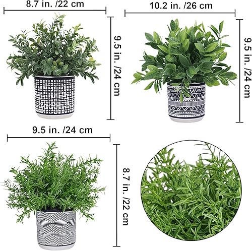 Miniatura 2 de Winlyn Set of 3 Small Potted Plants Artificial Eucalyptus Rosemary Boxwood Plants in Black and White Geometric Pots for Table Centerpiece Kitchen