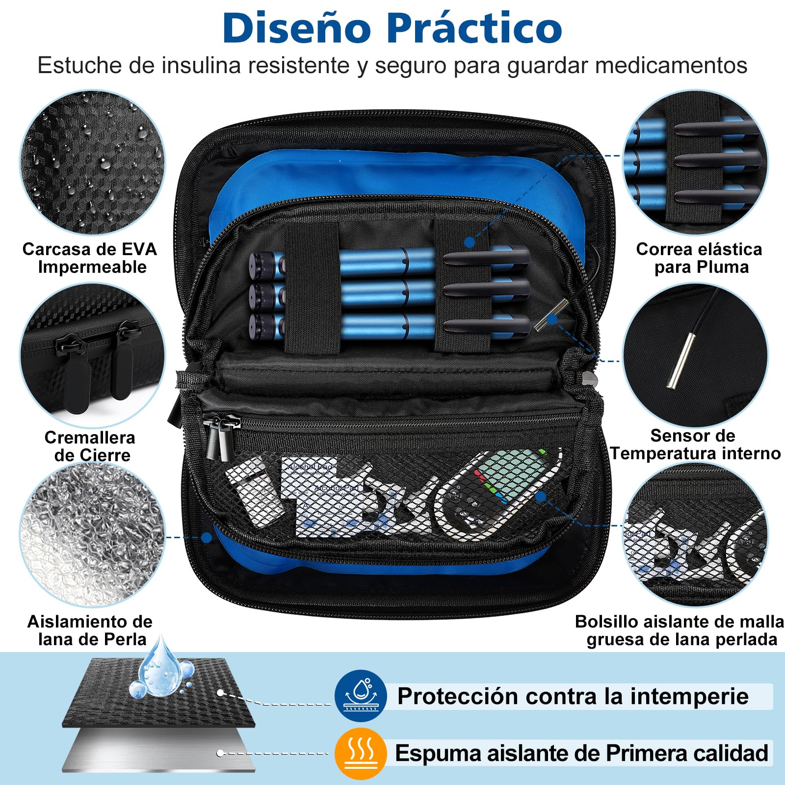 Enfriador Nevera Portátil Insulina Medicamentos, Estuche de Viaje con Termómetro y Pantalla de Temperatura, 2 Bolsas de Gel Frío Reutilizables, Aprobado por la TSA, Organizador para Diabéticos
