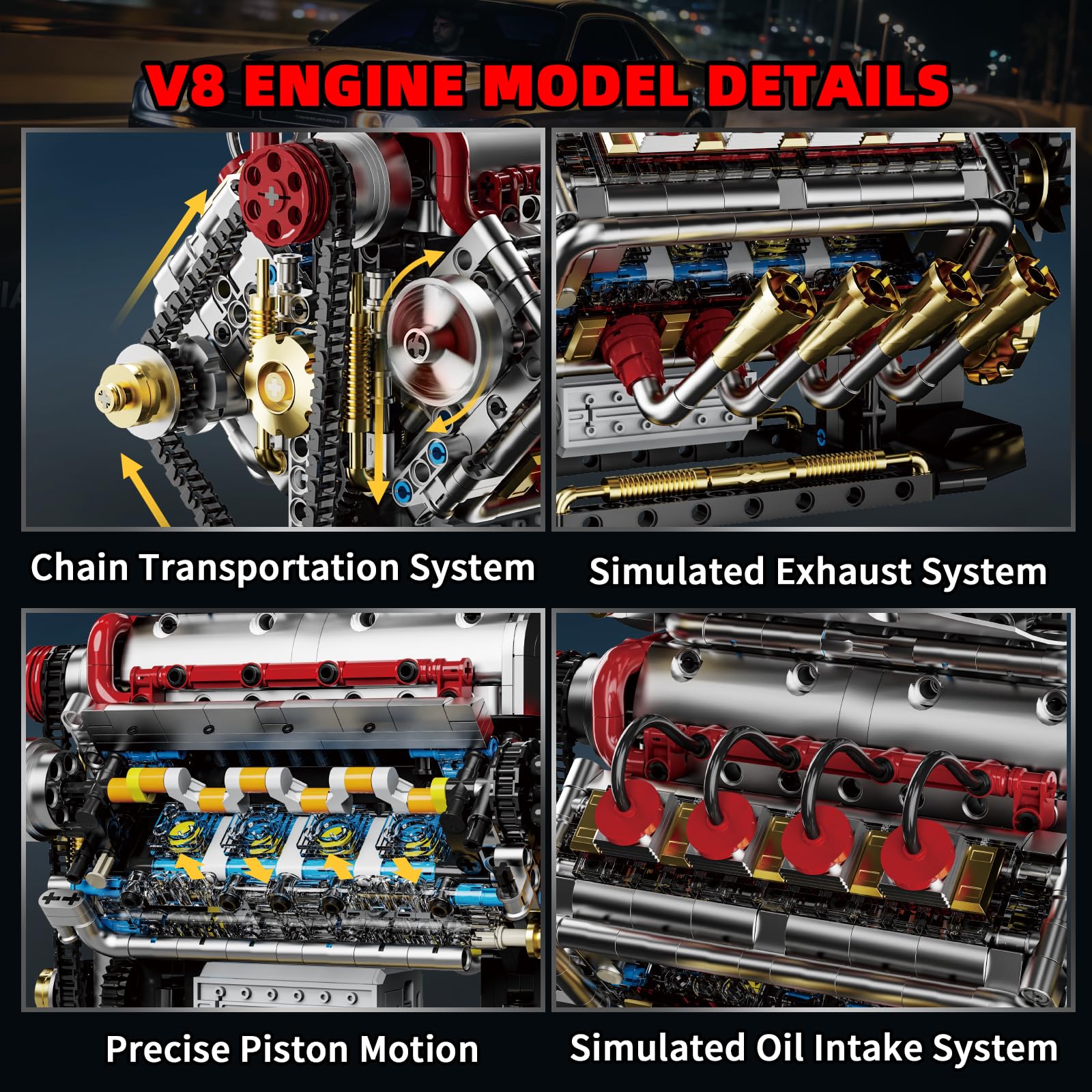 Juego de bloques de construcción de motor Technik V8, Ideas V8, juego propio para adultos, compatible con Lego, STEM, juguete regalo para fans de coches y niños a partir de 14 años (1176 piezas)