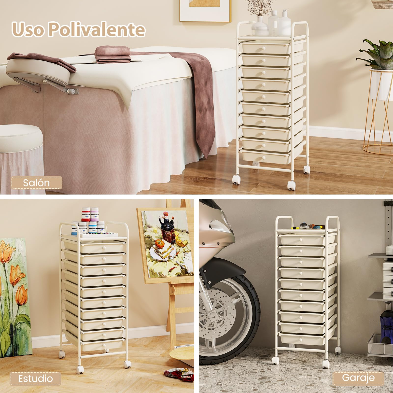 COSTWAY Estantería Baño, Carrito Auxiliar con Ruedas, Organizador Baño con Estructura de Metal, Carro Auxiliar con Cajones de Pástico Extraíbles, para Cocina, Baño, Oficina (10 Cajones, Blanco)