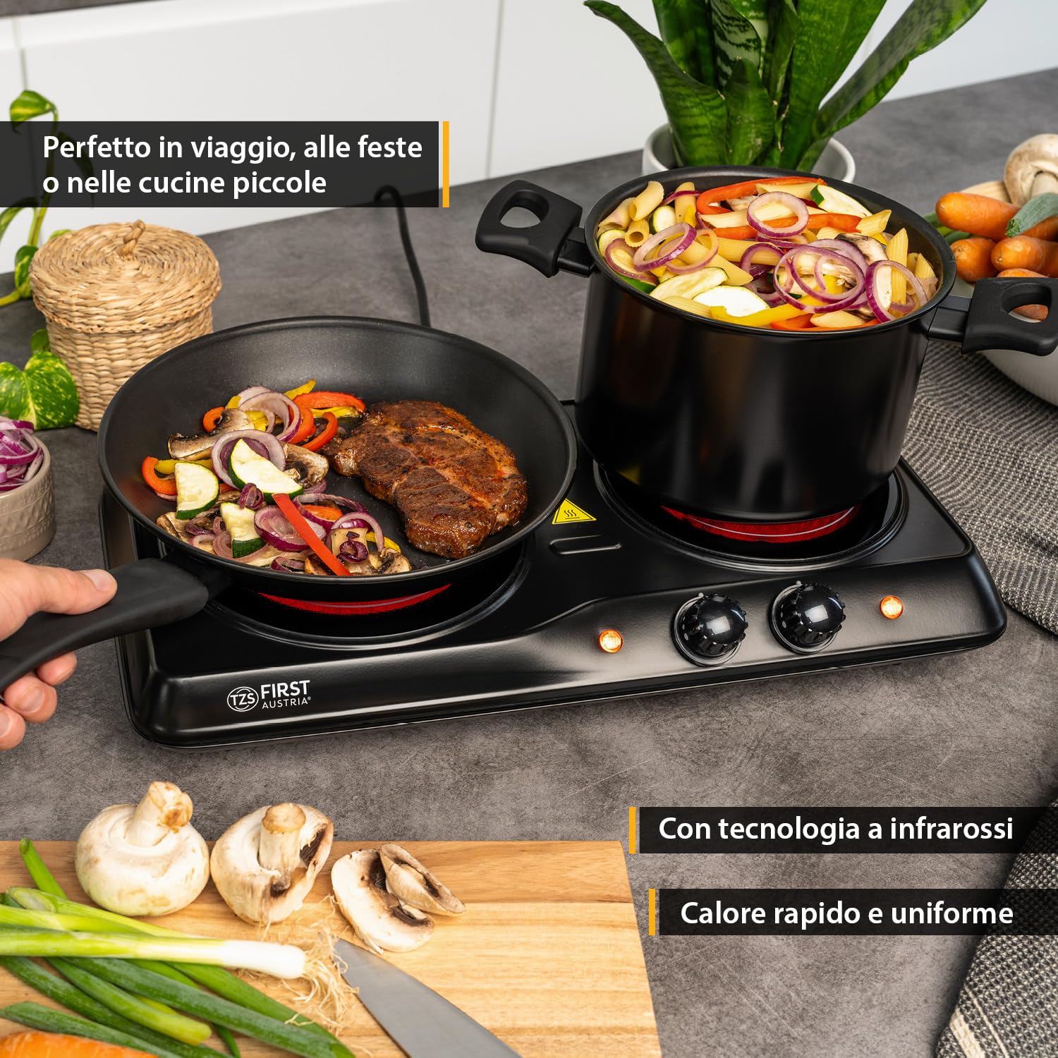 TZS First Austria - Piastra di cottura doppia infrarossi vetroceramica TUTTI i tipi di pentole 2000W - Mini Fornello elettrico da trasloco, campeggio e casa - Regolazione continua e spia di controllo
