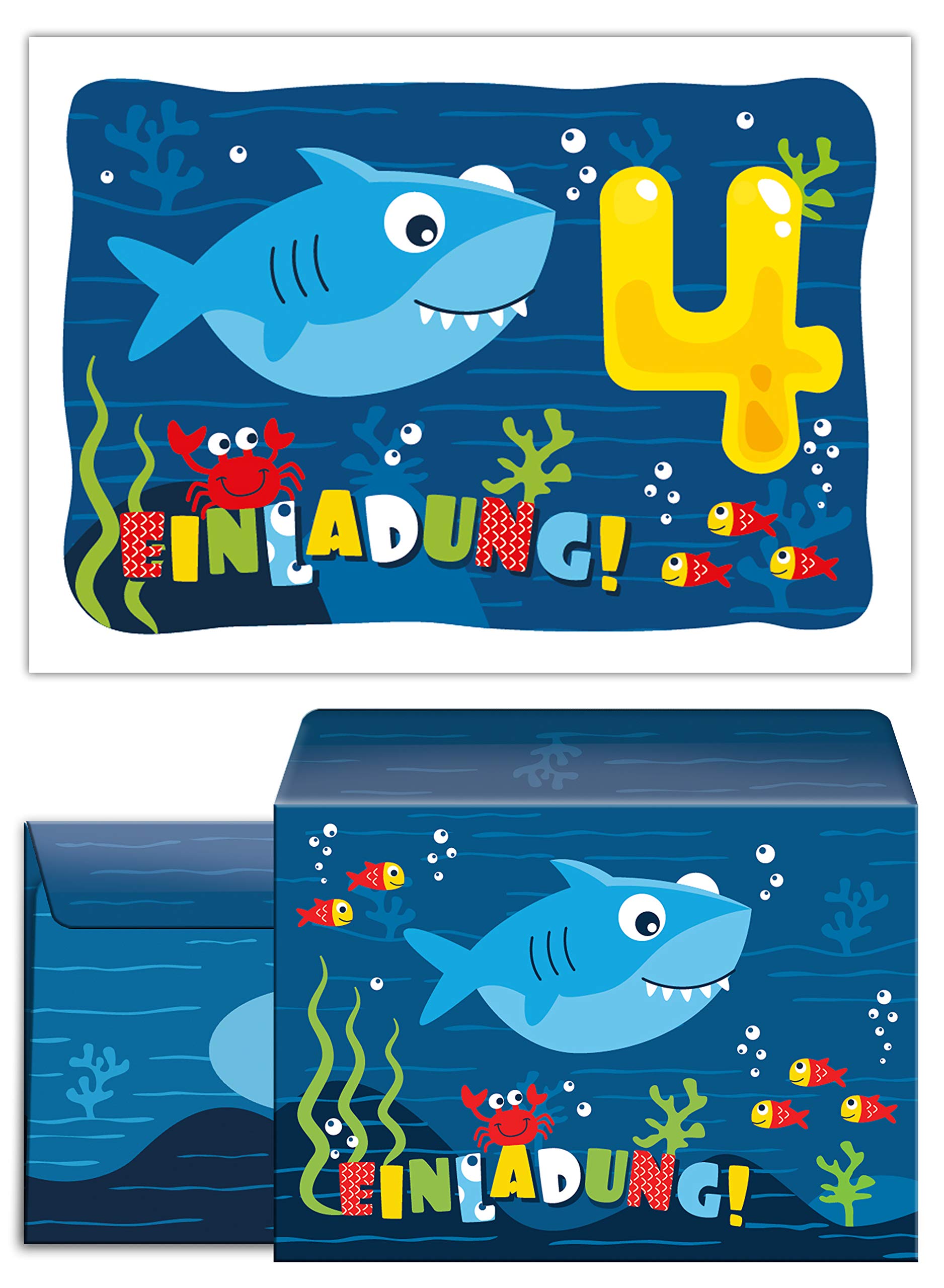 Junaversum 12 Einladungskarten incl. 12 Umschläge zum 4. Kindergeburtstag vierte Geburtstag Jungen Jungs Mädchen Hai Einladungen zum Geburtstag