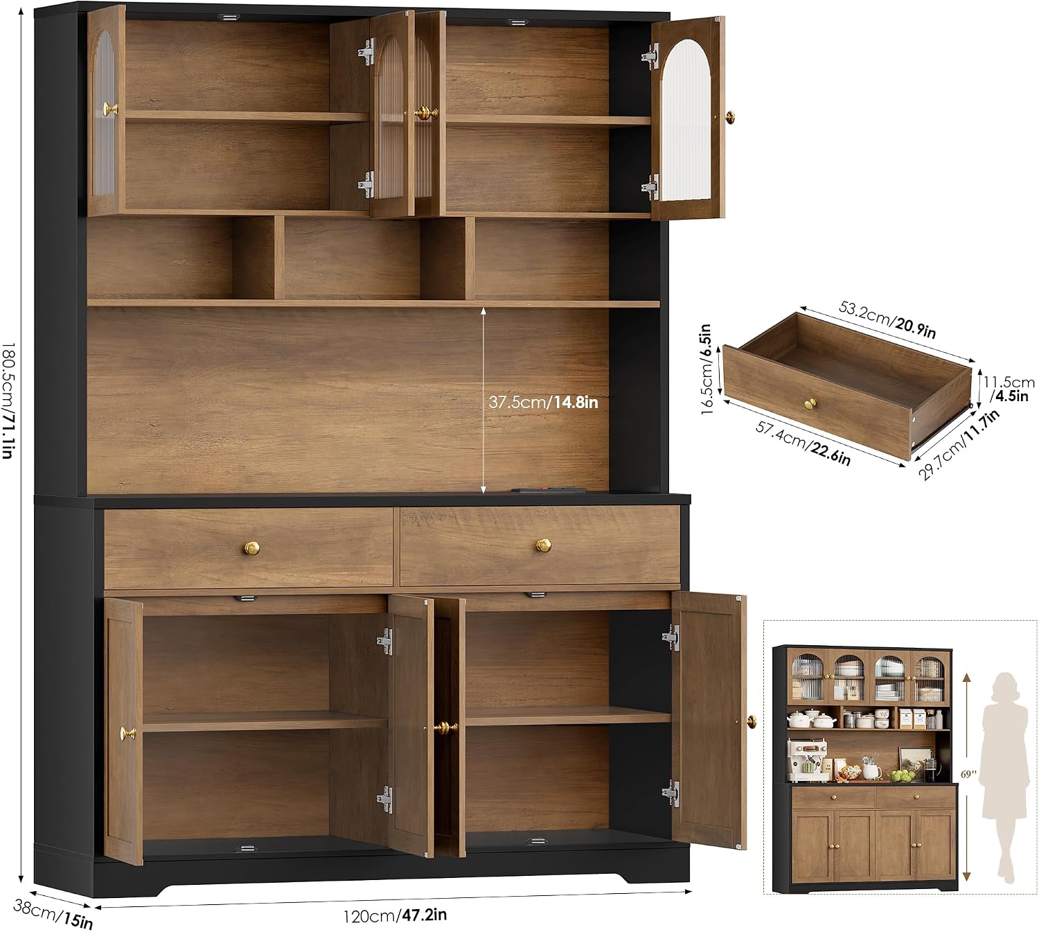 FINETONES 71" Pantry Cabinet, Tall Kitchen Pantry Storage Cabinet with Charging Station, 47.2" Wide Kitchen Hutch Food Storage Cabinets with Open Countertop for Dining Room, Black/Brown