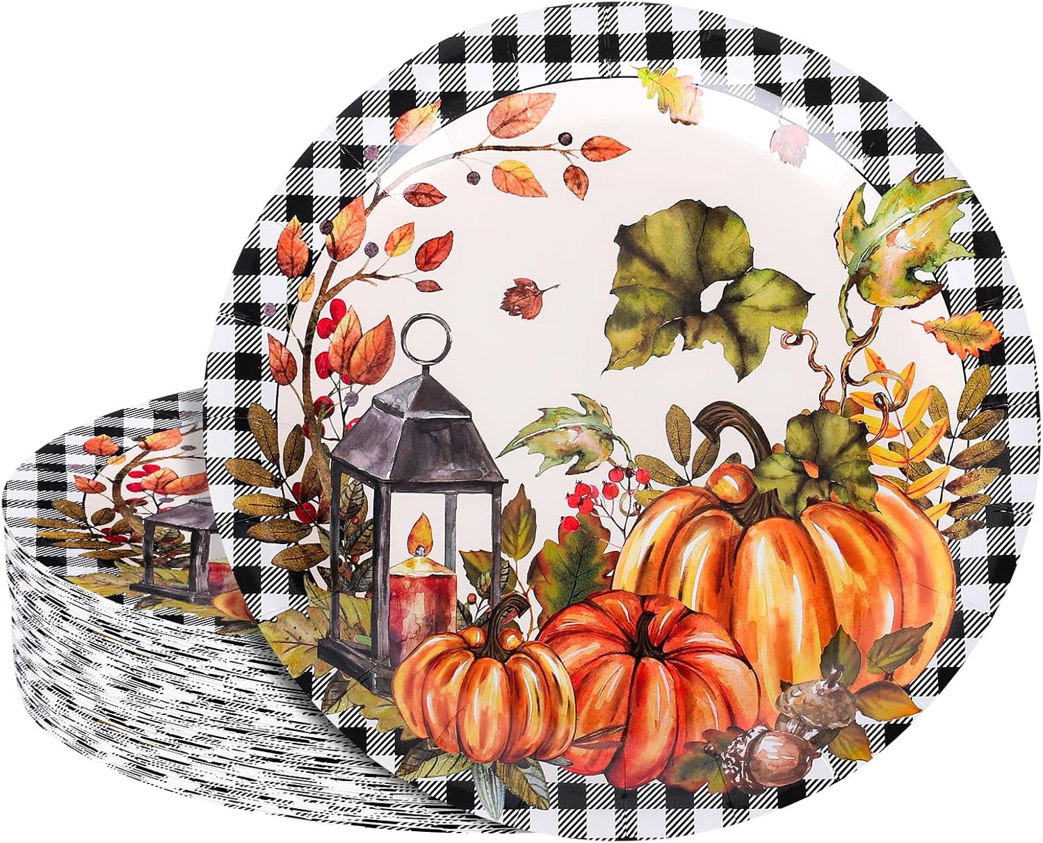 whaline 40pcs fall paper plate 9 inch disposable plates watercolor pumpkin plaid for farmhouse thanksgiving wedding birthday party holiday dinner tableware supplies