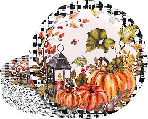 Whaline 40 platos de papel de otoño de 9 pulgadas, platos desechables de acuarela de calabaza a cuadros para granja, Acción de Gracias, boda, fiesta