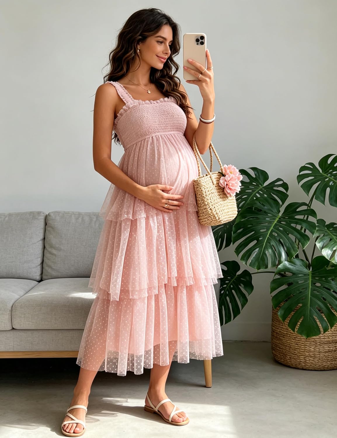 Polka Dot Tulle Maternity Midi Dress Tiered Smocked Strap Baby Shower Wedding Gown