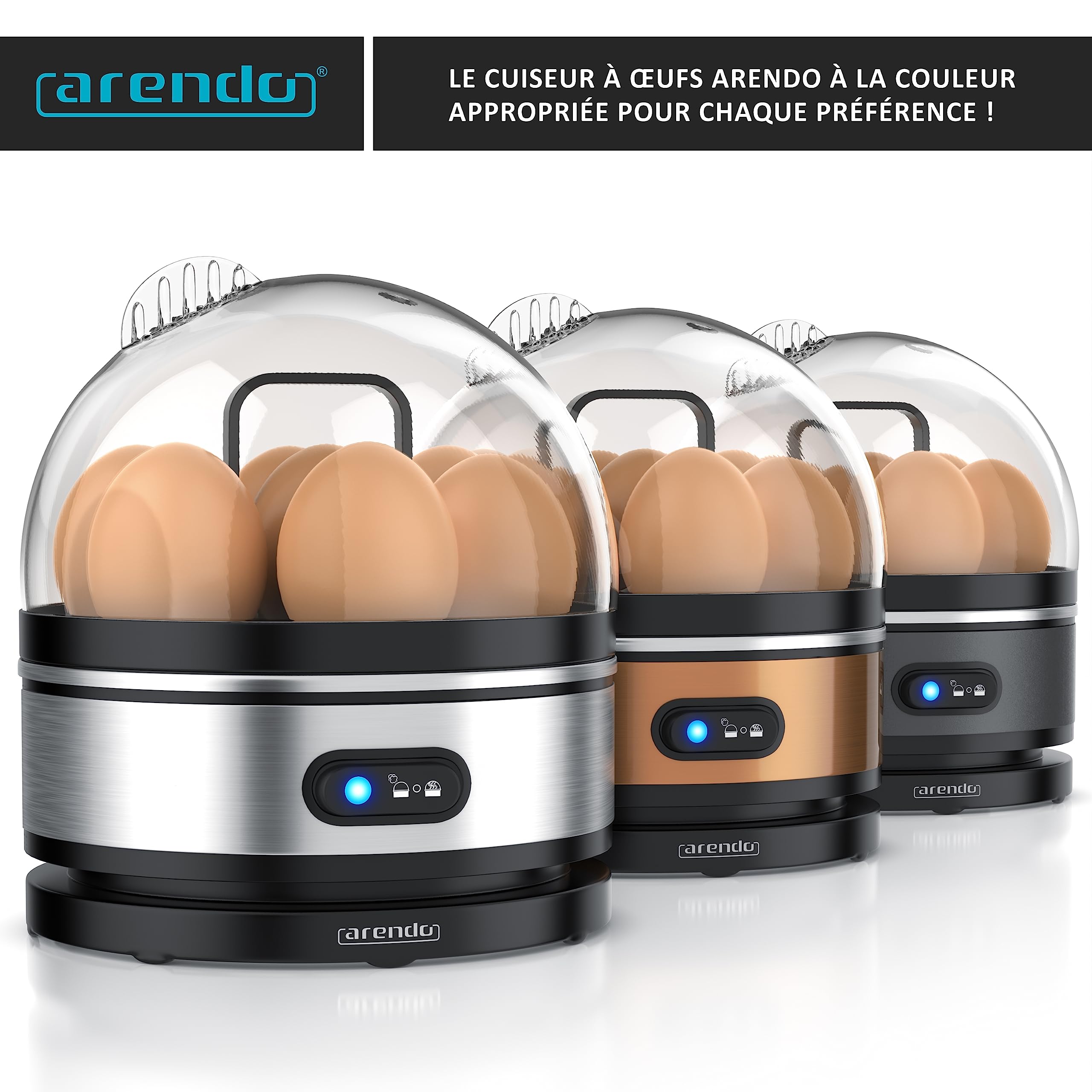 arendo – Cuiseur à œufs avec Fonction Maintien au Chaud INOX, 1 à 7 œufs, Dur, Mollet ou à la Coque, Indicateur Lumineux, Verre doseur avec Perce-œufs, Base Anti-dérapante, Egg Cooker 400 W, sans BPA
