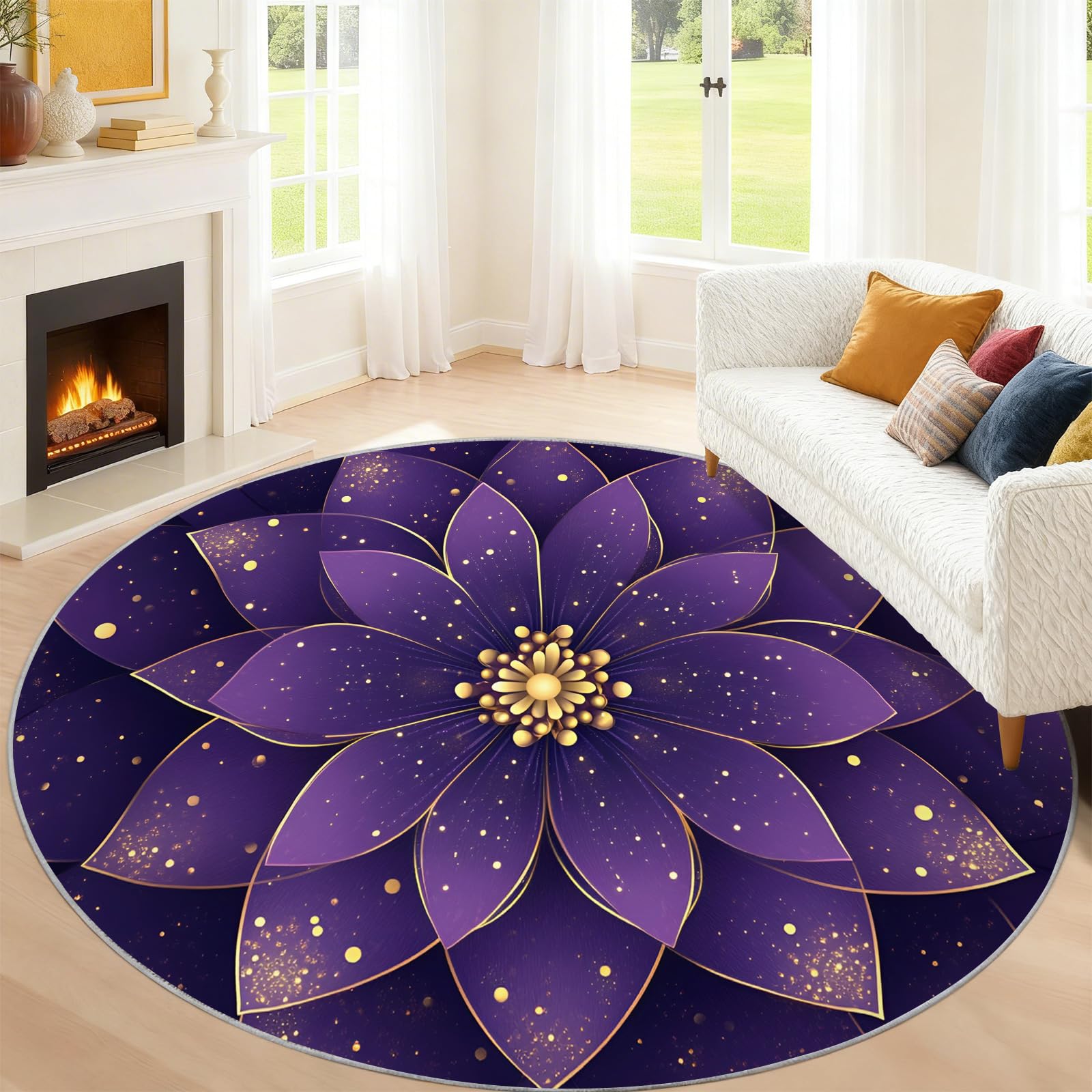 Tapis rond à fleurs violettes pour salon, bordure dorée pour chambre à coucher, tapis circulaire de luxe mandala 3D lavable, antidérapant, tapis décoratif