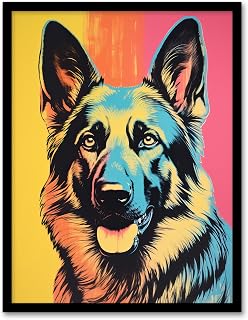 Artery8 Alsatian Dog Multi Coloured German Shepherd Screenprint Risograph Artwork Spot Block Colour Duotone Retro Riso Interior Design Art Print Framed Poster Wall Decor 12x16 inch