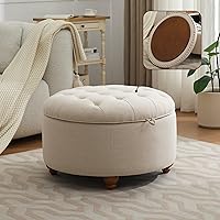 WUTUTUEE 30 Inch Round Storage Ottoman with Tray - Khaki Tufted Fabric Coffee Table, Hidden Storage Footstool for Living Room Bedroom