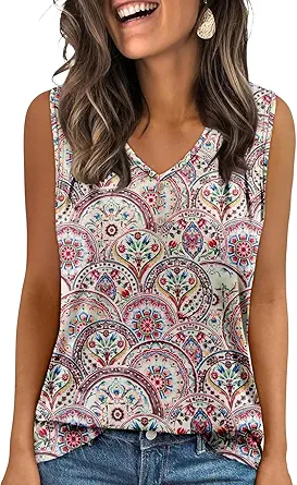 KISSMODA Tank Tops for Women Summer Casual Sleeveless Shirts Dressy Trendy V Neck Tunics Loose Notched Blouses S-3XL