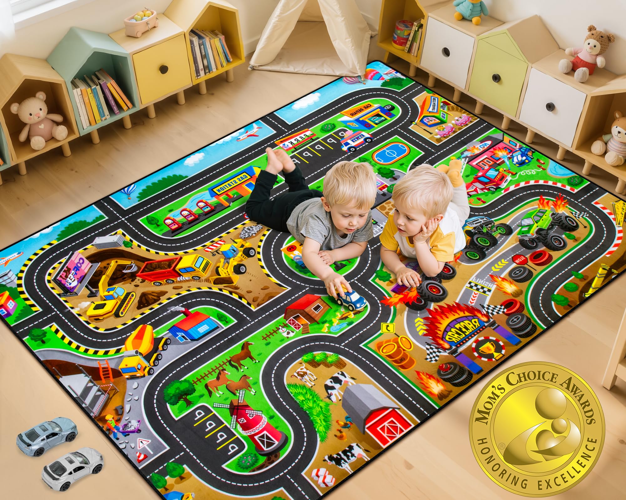 AlphabetAcre Kids Rug, 3x5 Ft Non-Slip Monster Truck Play Rug, Extra Thick (0.4in), Educational LearningTraffic Road Car Carpet for Nursery, Classroom