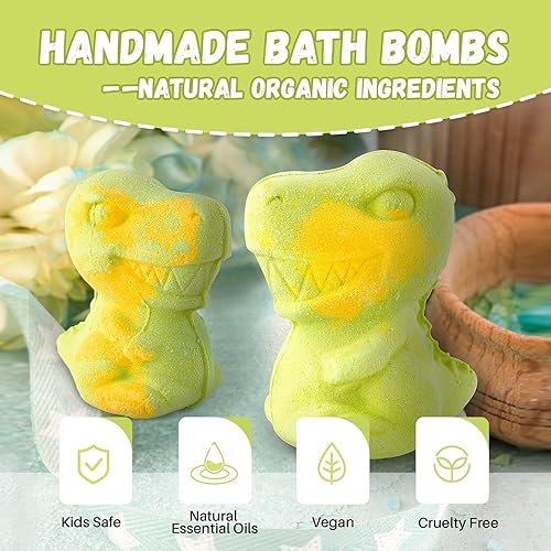 Miniatura 7 de Juego de bombas de baño de dinosaurio para niños, 4 unidades a 4.3 onzas, bombas de baño hechas a mano para niños, regalos de cumpleaños para niños,