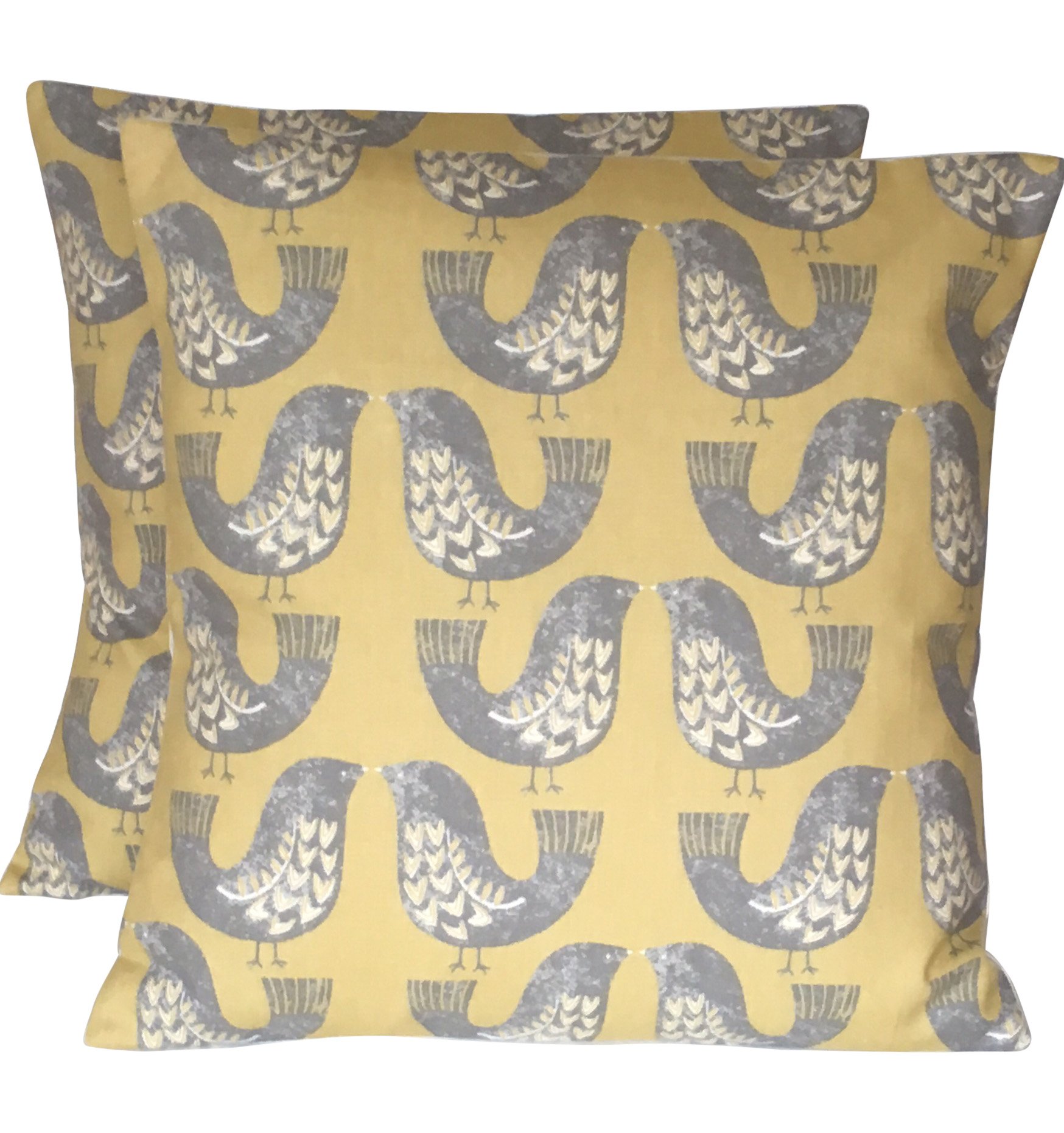 2 x 16" (40cm x 40cm) Iliv Scandi Birds Mustard Yellow Grey Cream Cushion Covers