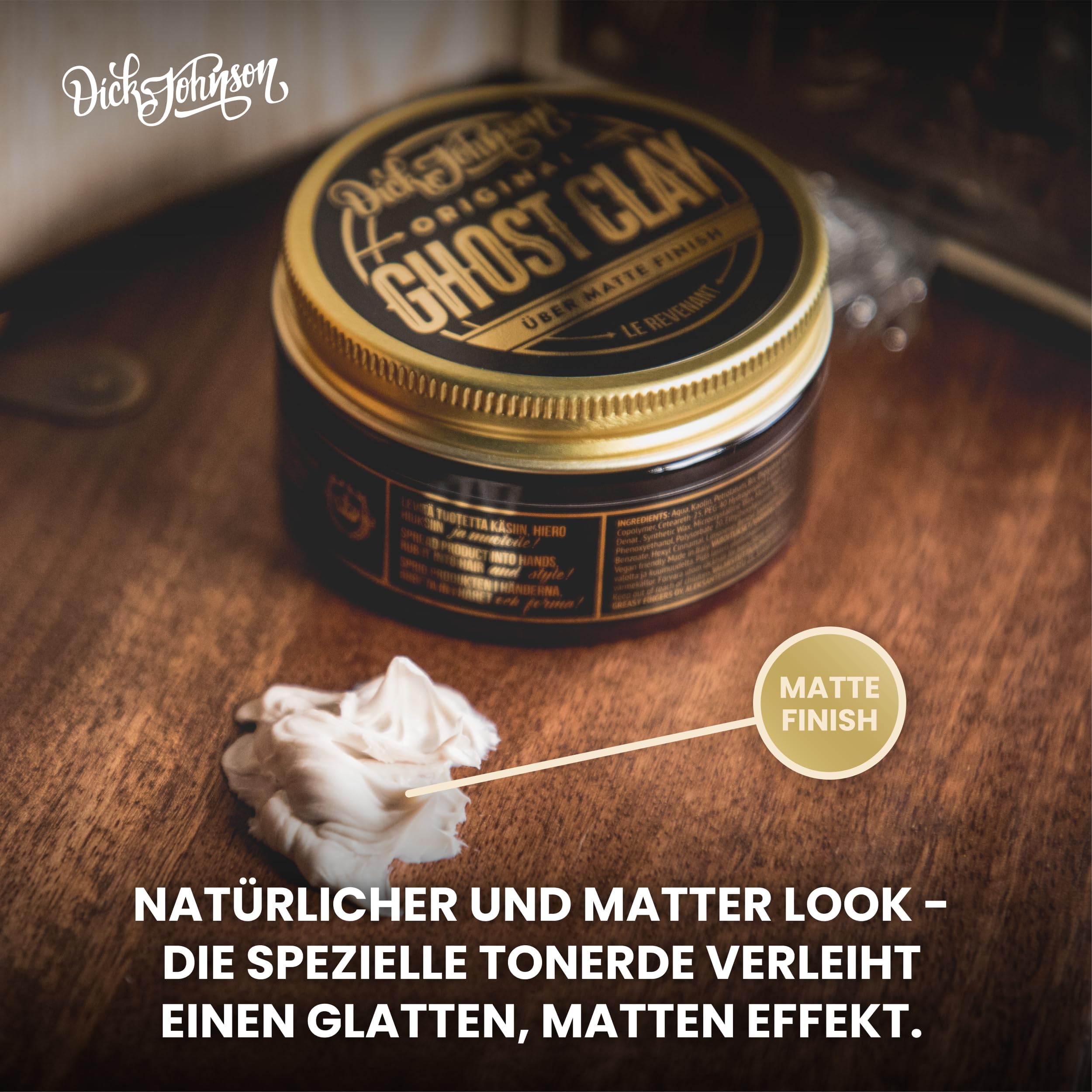 Dick Johnson Ghost Clay Haarwachs für Männer – Matte Clay Pomade mit starkem Halt & angenehmem Duft – Supermattes Stylingwachs für kurzes bis mittellanges Haar – 100 ml Friseurqualität