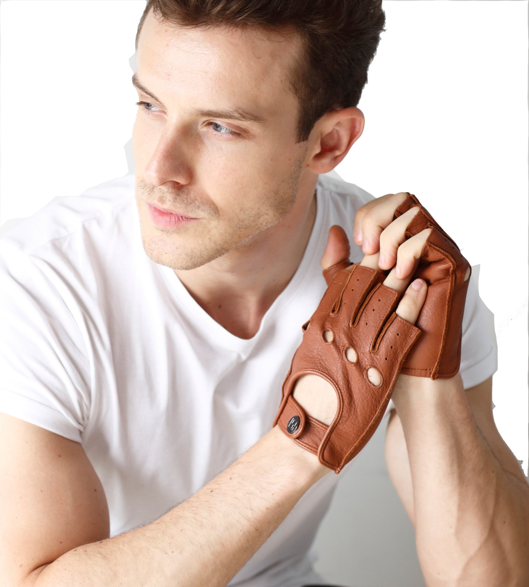 NappaNovum Men's Classic Fingerless Gloves Italian Deer Unlined Skin Half Finger Driving Cycling Outdoor Gloves (XL, Camel)