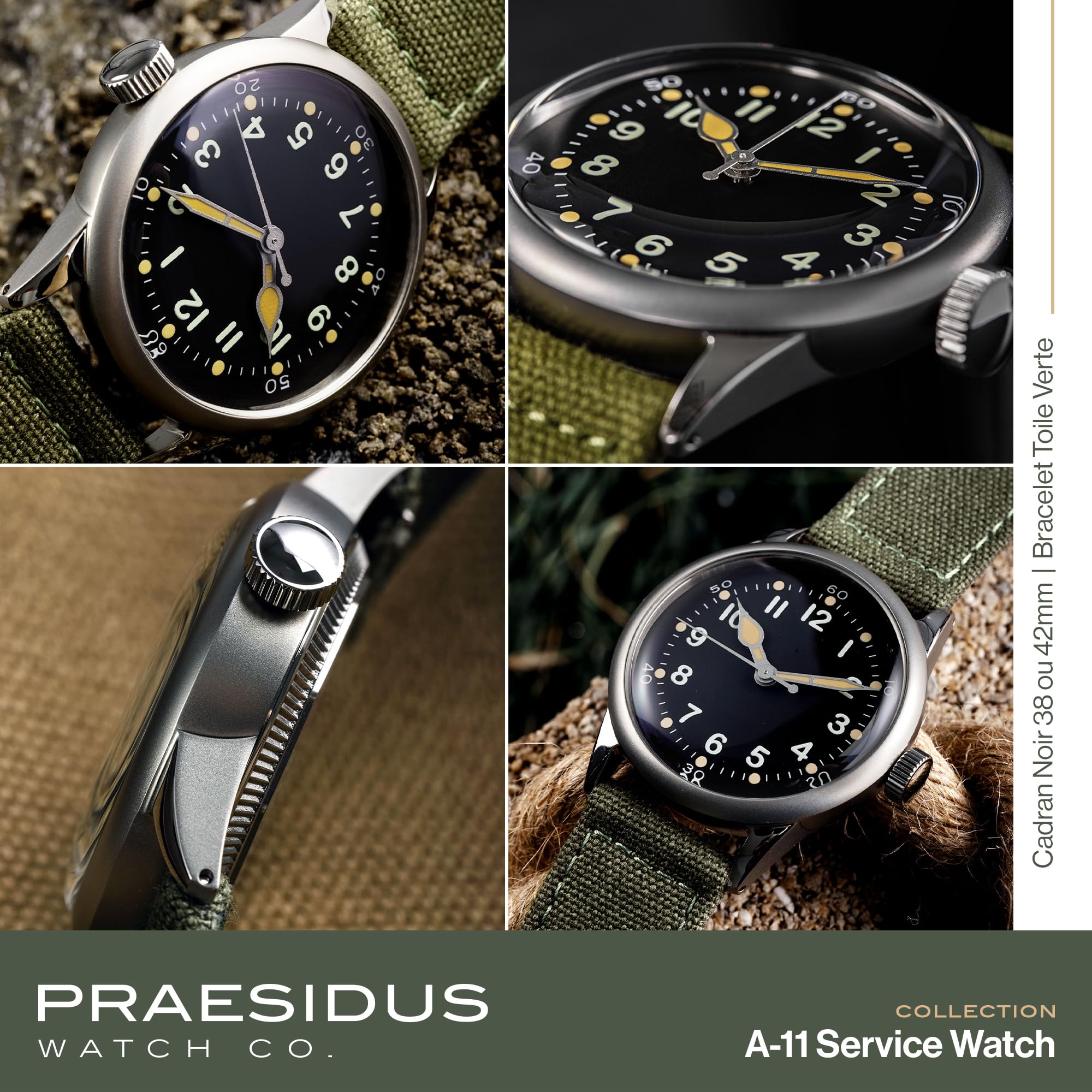 PRAESIDUS | Serwis Watch - automatyczny zegarek wojskowy, męski zegarek wojskowy - czarna tarcza ze stali nierdzewnej 38 mm, zielony pasek z płótna - męski automatyczny zegarek, wojskowy zegarek USA