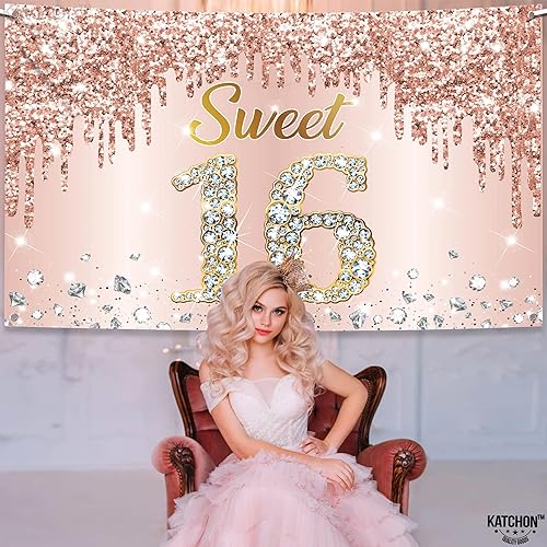 Miniatura 6 de KatchOn, Cartel de oro rosa con el número 16, paquete de 2, decoración de cumpleaños de dulce número 16, decoración de fiesta de dulces dieciséis