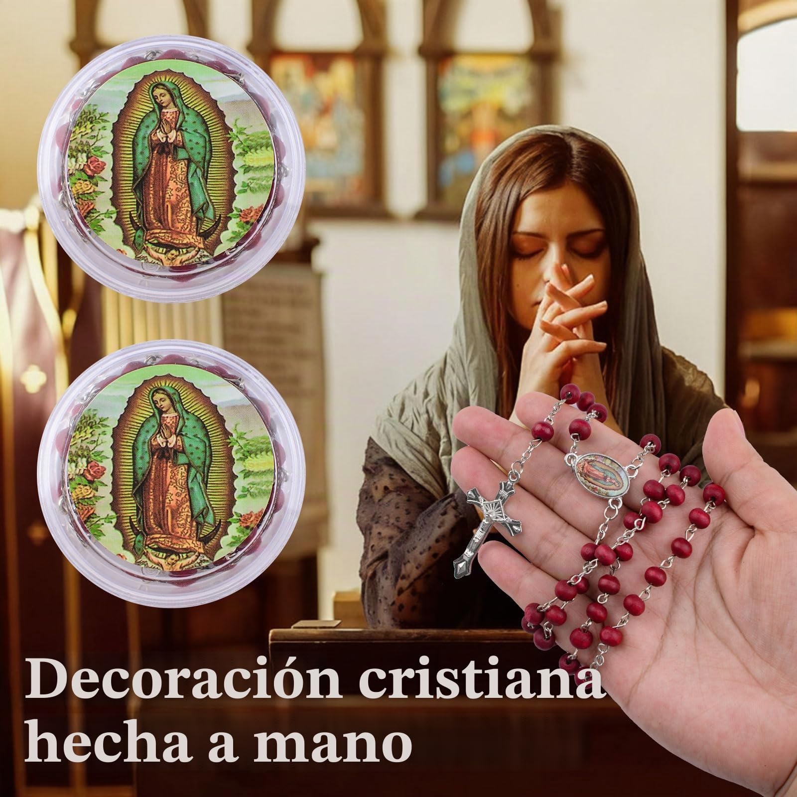 WANDIC 24 rosarios de madera perfumada roja a granel con colgante de cruz, rosarios católicos con caja de almacenamiento redonda para recuerdos de bautismo y regalo de comunión