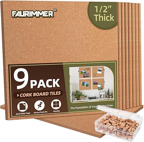 Paquete de 9 azulejos cuadrados de corcho de 12 x 12 pulgadas, 12 pulgada de grosor, azulejos de corcho autoadhesivos con 50 pasadores de madera,