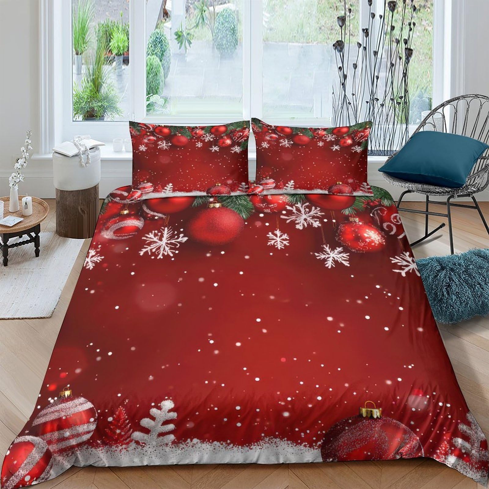Ctjqhvkz Style-5 3D Printed Christmas Red Ornament Fitted Sheet Microfiber Soft Breathable Snowflake Bed Sheet For Bedroom Guest Room Single（135X200cm）