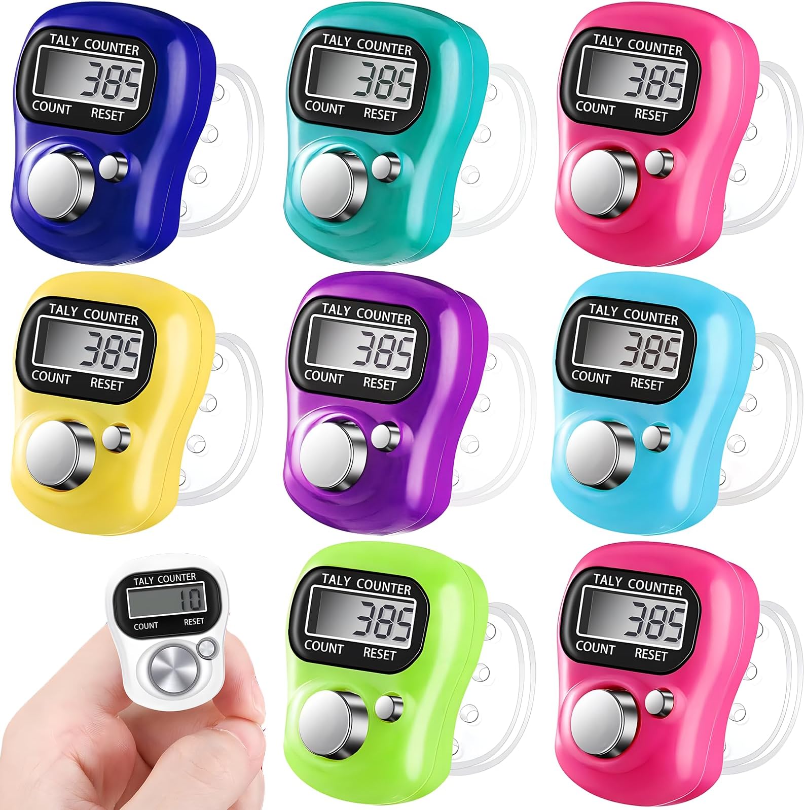 9 pcs Finger Counter Electronic Counter Lap Counter Useful Electronic Row Counter Finger Ring Digit Marker LCD Tally Counter(Red/Purple/White/Pink/Light Green/Blue/Navy Blue/Sky Blue/Orange)
