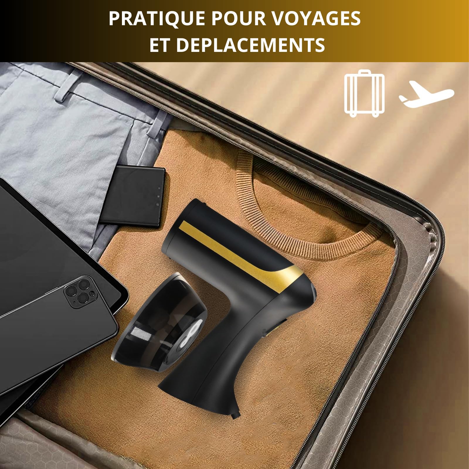 Défroisseur Vapeur Portable 1500W – Réservoir 300ml – Chauffe Rapide & Compact – Défroisseur à Main Puissant pour Vêtements, Chemises, Robes, Rideaux – Idéal Voyage et Maison – Noir & Doré