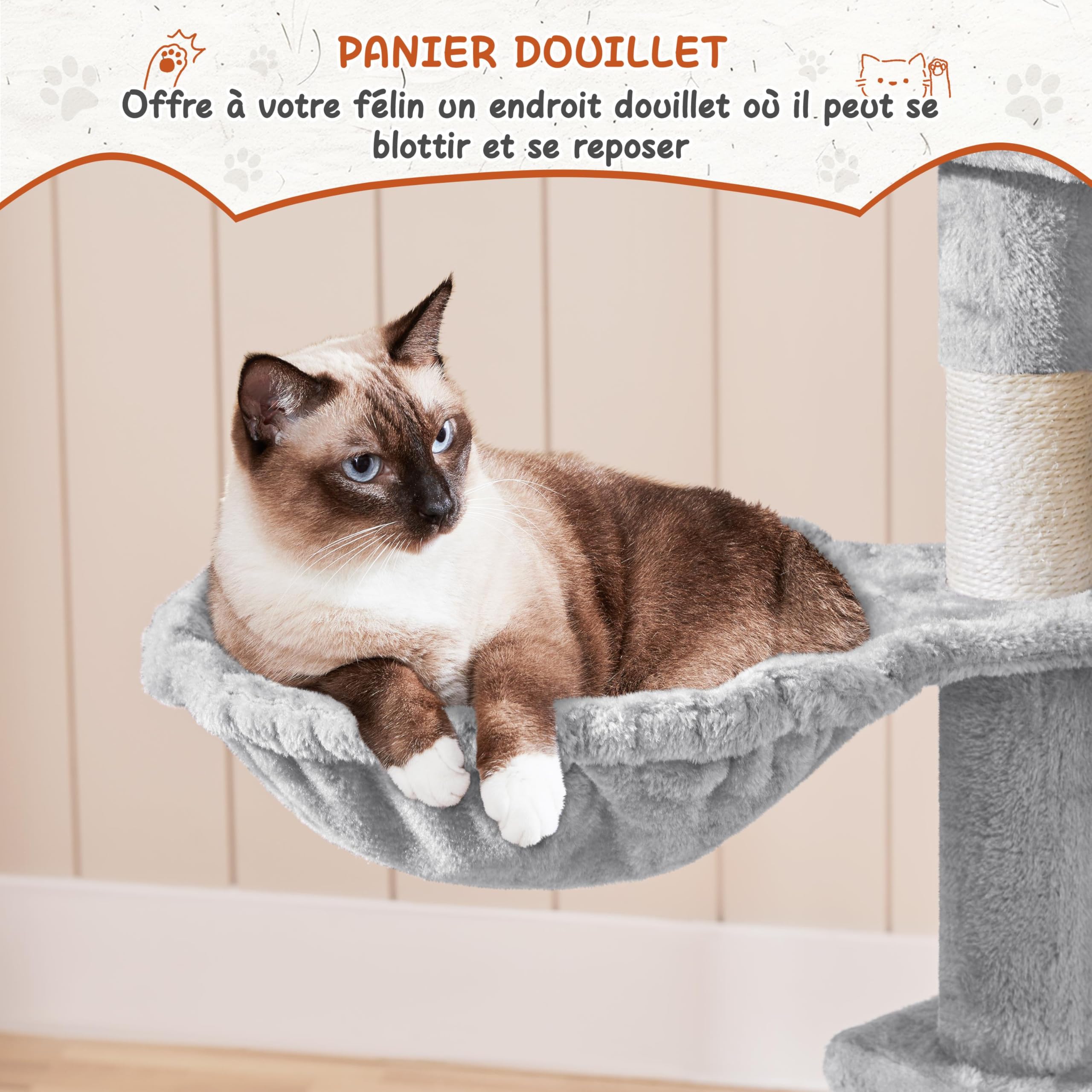 Abician Arbre à Chat Tour d'escalade 194 cm XXL, avec 3 Niches/3 Plateformes/2 Paniers/10 Poteaux en Sisal/Perchoirs, Multiniveau, Intérieur, pour 3-4 Chats, Gris Clair