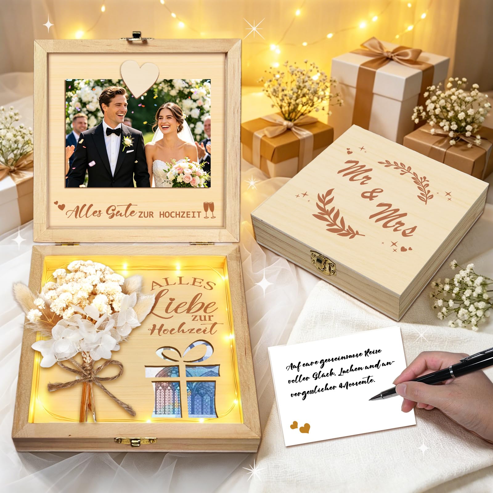 Hochzeitsgeschenke für Brautpaar Geld, Romantisches Geldgeschenke zur Hochzeit, Ewige Blumen, Holzbox, Kunststoff Reagenzglas, Lichterketten, Schlüssel Geschenkbox, Wedding Gift