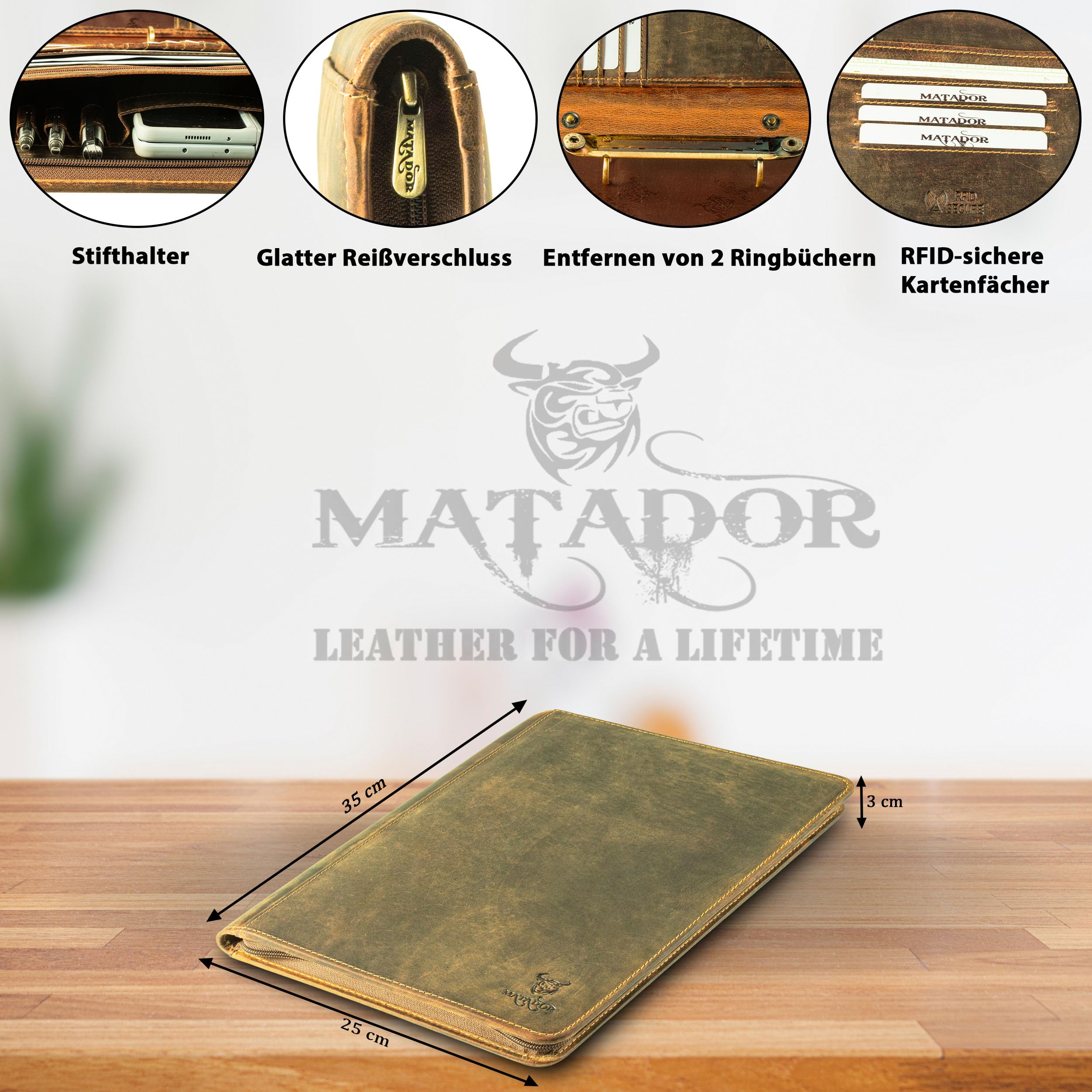 MATADOR Barcelona Genuine Leather A4 Document Folder with RFID Protection Briefcase for Men, Conference Folder with YKK Zip and Tablet Compartment, Ring Binder, DIN A4, Work Folder in Vintage Brown