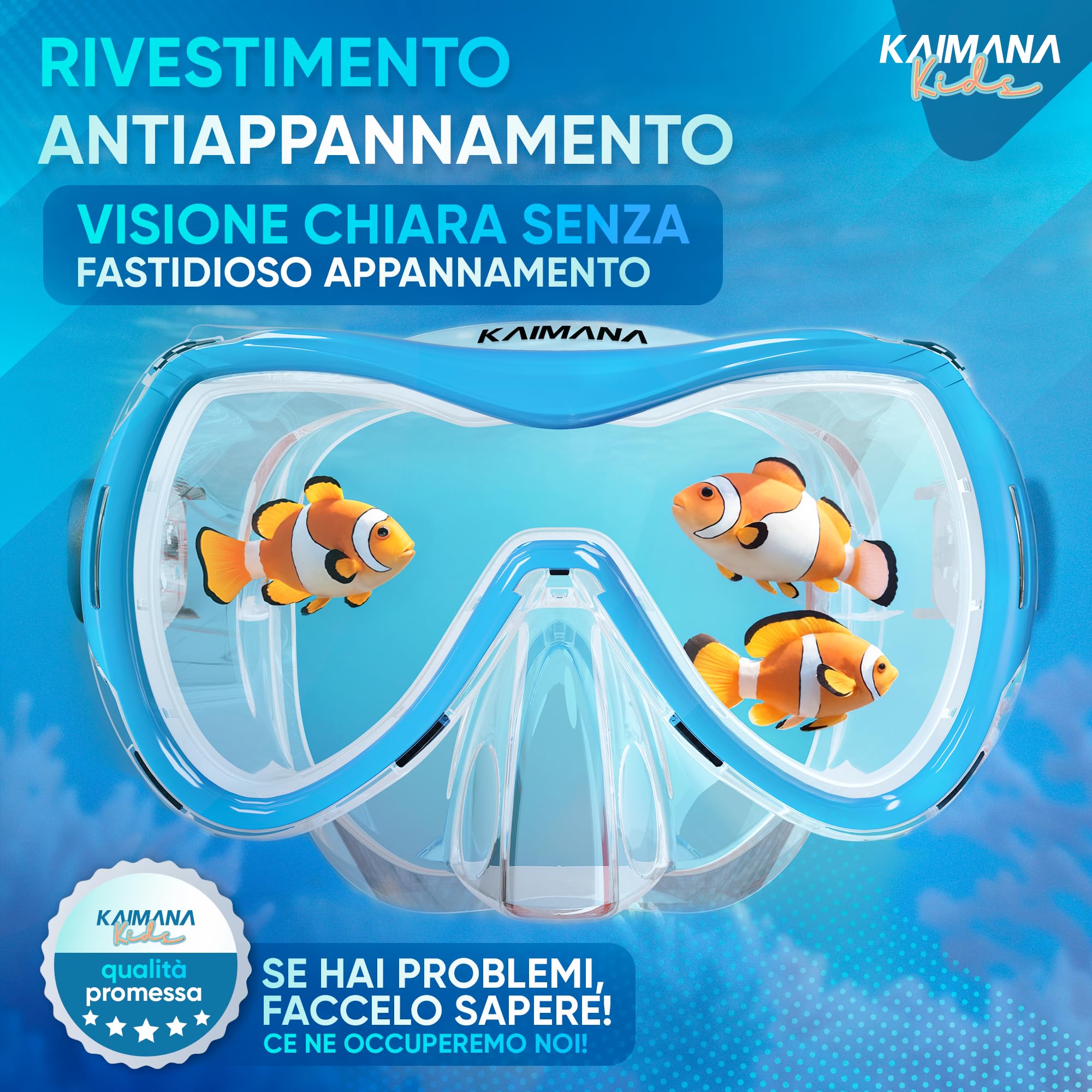 KAIMANA® SeaExplorer Set Maschera Boccaglio Bambini & Borsa – Kit Snorkeling Bambini 3-10 Anni – Maschera con Boccaglio Bambino, Cinturino Tessuto o Silicone – Mare e Piscina