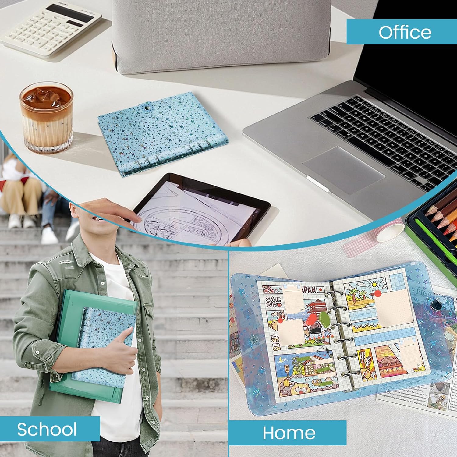 2 pcs A6 Soft PVC 6 Ring Cover, 6 Hole Soft Cover Binder, Office Binder Supplies for Meeting Travel (Blue) image 5