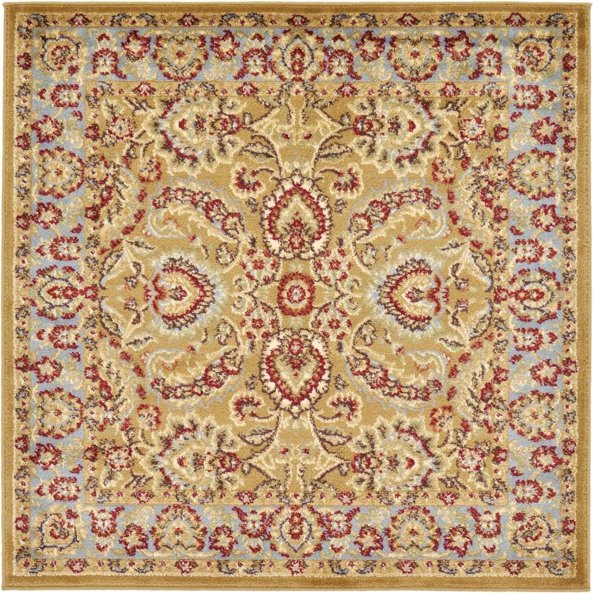 Unique Loom Voyage Collection Traditional Oriental Classic Intricate Border Design Area Rug (4' 0 x 4' 0 Square, Gold/Ivory)