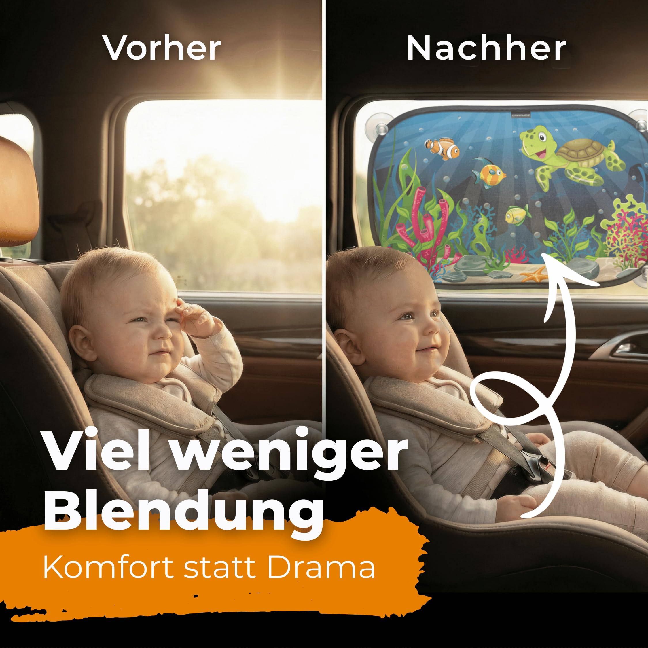 CARAMAZ Sonnenschutz Auto Baby mit zertifiziertem UV Schutz, universell passend 48 x 30 cm, 2 Stück Sonnenblende, mit Saugnäpfen, Motiv: Grün-Turtle - 3