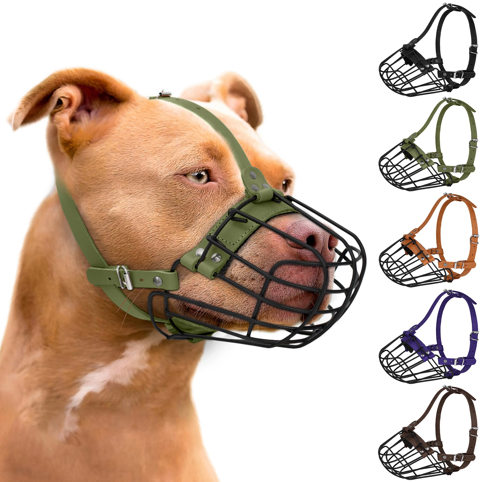 Pitbull Kaganiec dla psa, oddychający metalowy kosz dla dużych psów, Amstaff Staffordshire Terrier bezpieczna maska druciana, regulowana, trwałe skórzane paski, gryzące, żujące, szczekanie (oliwkowy)
