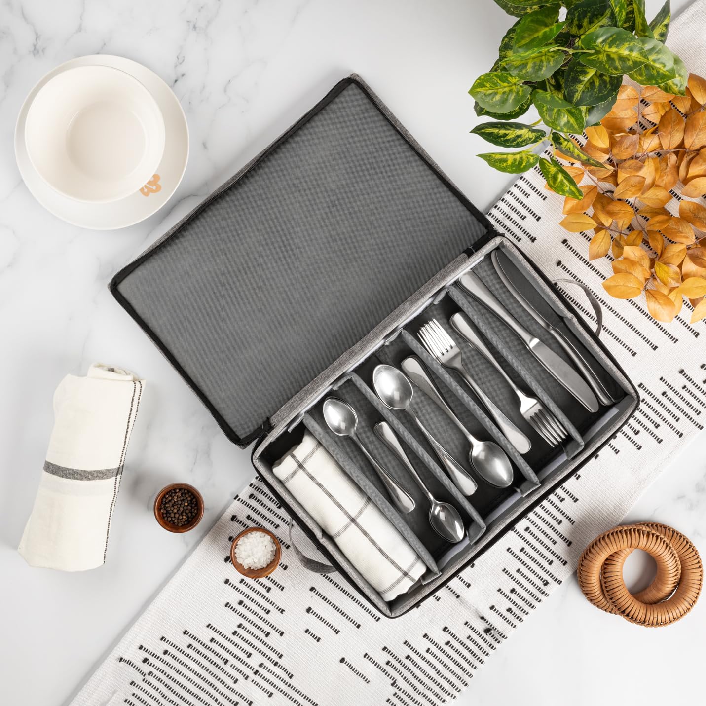 Flatware Storage Case with 5 Adjustable Compartments and Removable Lid - Tableware Utensil Chest with Carrying Handles and Padded Dividers - Protects and Organizes Cutlery and Silverware