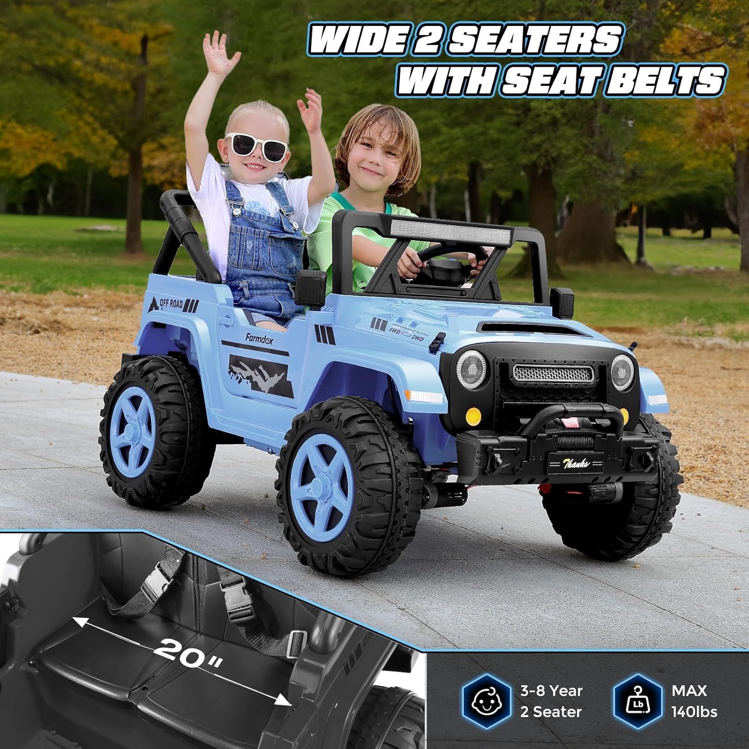 Hikole 24 Volt Ride on Car with Remote Control, 4WD/2WD Switchable 2 Seater Electric Kids Car w/20 Inch Wide Seat, 4X100W Power Car Wheels 24V Ride on Vehicles for Boys w/Music, LED Light, Dark Blue