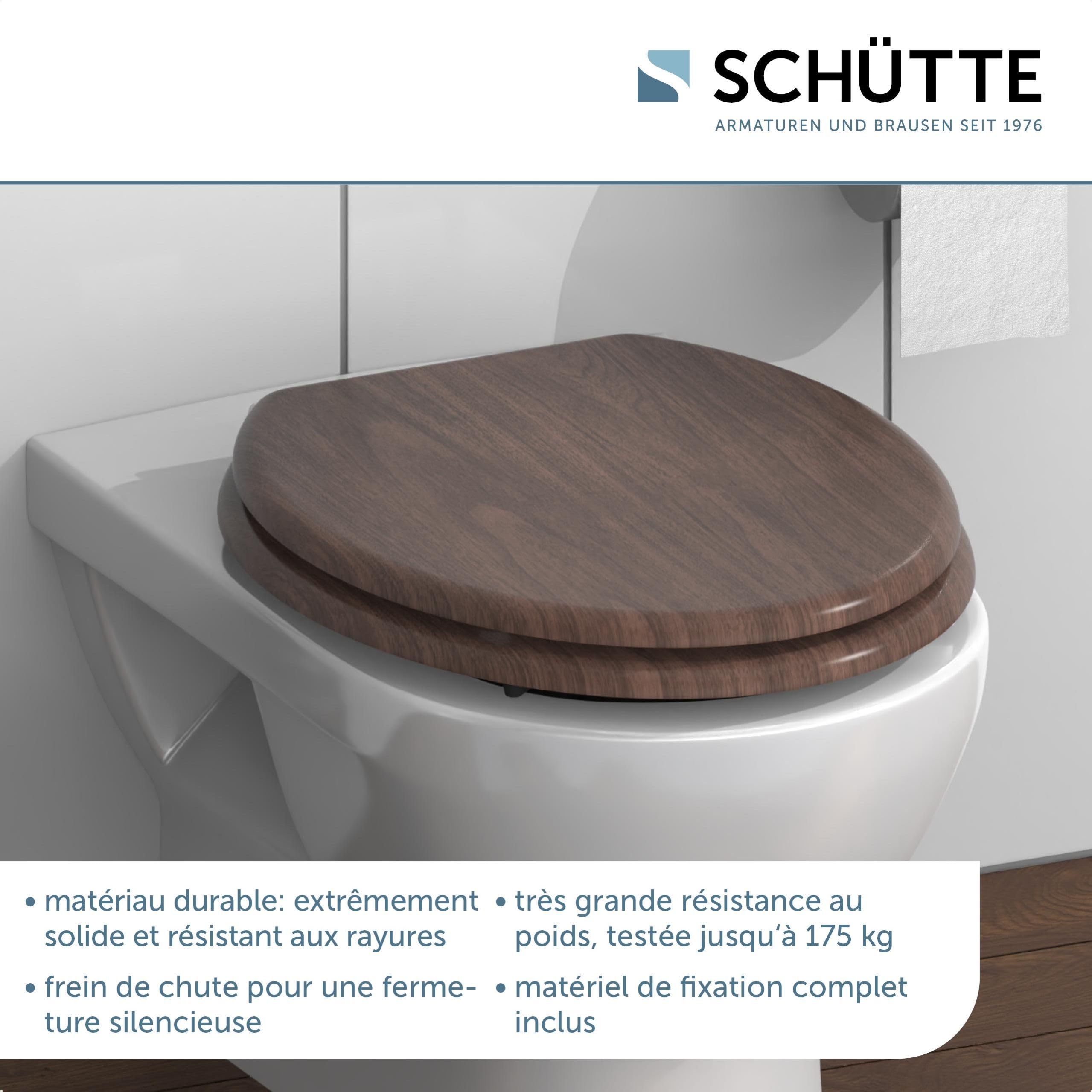 SCHÜTTE DARKWOOD Siège de WC avec abaissement automatique en bois, siège de toilettes avec abattant de toilettes avec motif (charge maximale de la lunette 150 kg), couleur bois